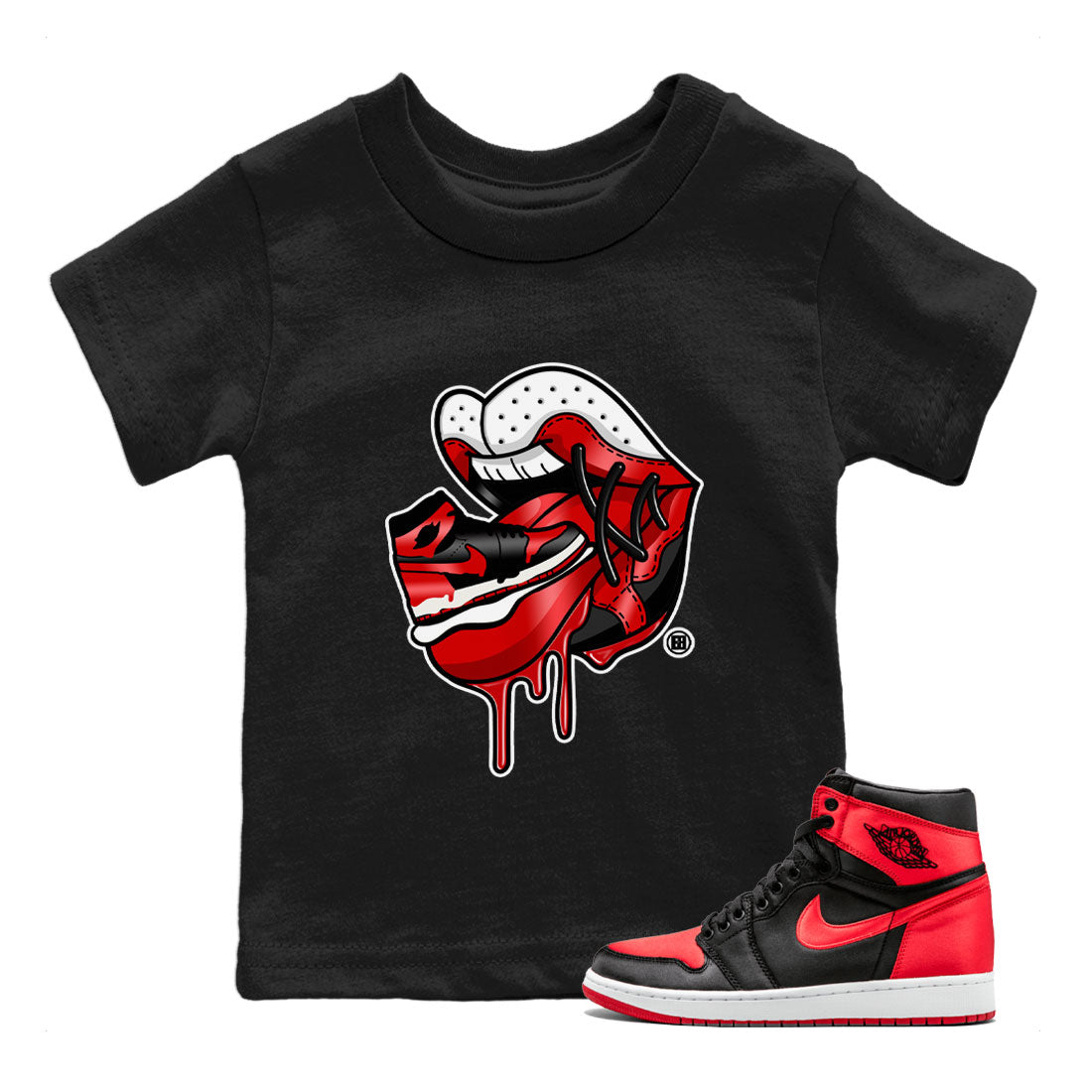 Air Jordan 1 Satin Bred Sneaker Match Tees Sneaker Addiction 2 Streetwear Sneaker Shirt AJ1 Retro Satin Bred Drip Gear Zone Sneaker Matching Clothing Kids and Baby Youth Shirts Black 1