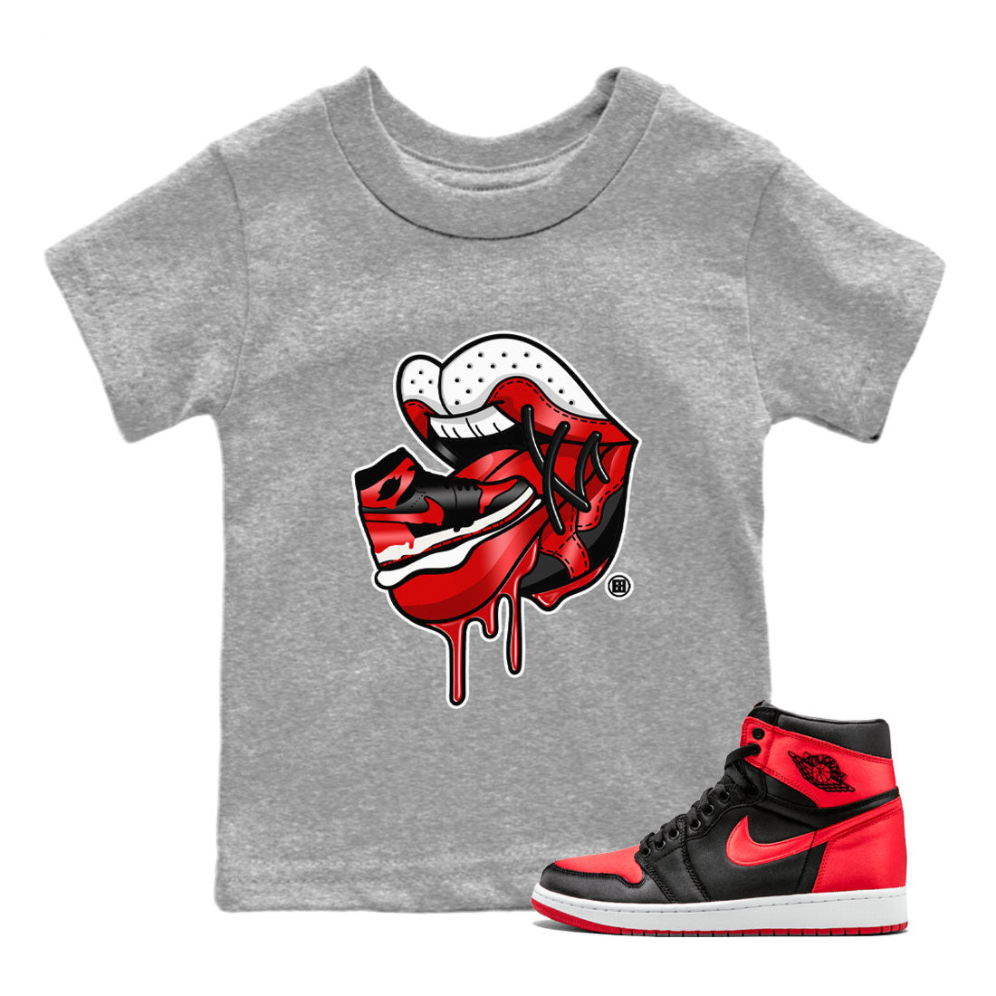Air Jordan 1 Satin Bred Sneaker Match Tees Sneaker Addiction 2 Streetwear Sneaker Shirt AJ1 Retro Satin Bred Drip Gear Zone Sneaker Matching Clothing Kids and Baby Youth Shirts Heather Grey 1
