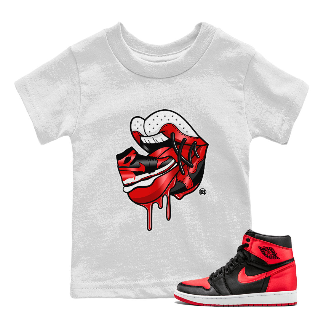 Air Jordan 1 Satin Bred Sneaker Match Tees Sneaker Addiction 2 Streetwear Sneaker Shirt AJ1 Retro Satin Bred Drip Gear Zone Sneaker Matching Clothing Kids and Baby Youth Shirts White 1