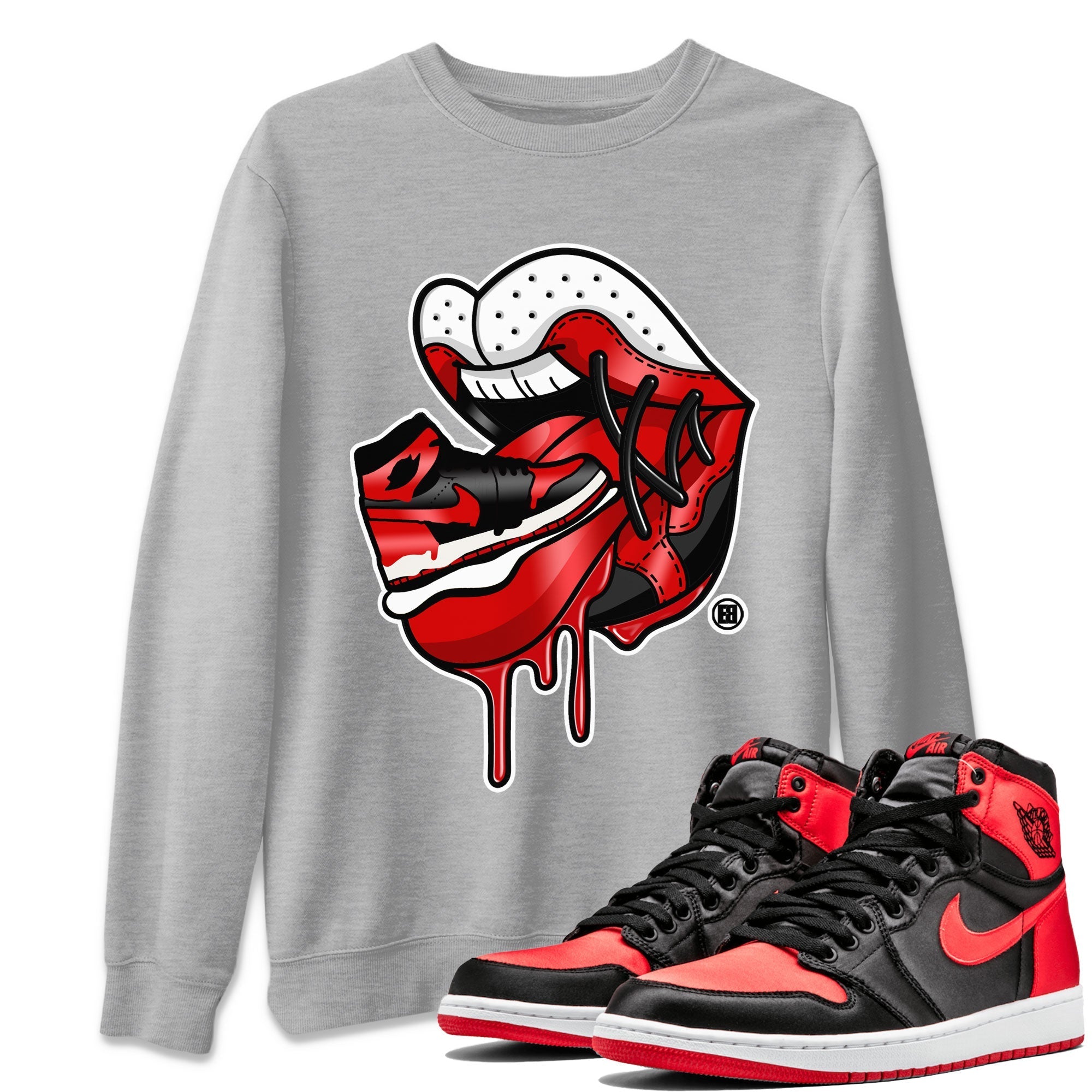 Air Jordan 1 Satin Bred Sneaker Match Tees Sneaker Addiction 2 Streetwear Sneaker Shirt AJ1 Retro Satin Bred Drip Gear Zone Sneaker Matching Clothing Unisex Shirts Heather Grey 1