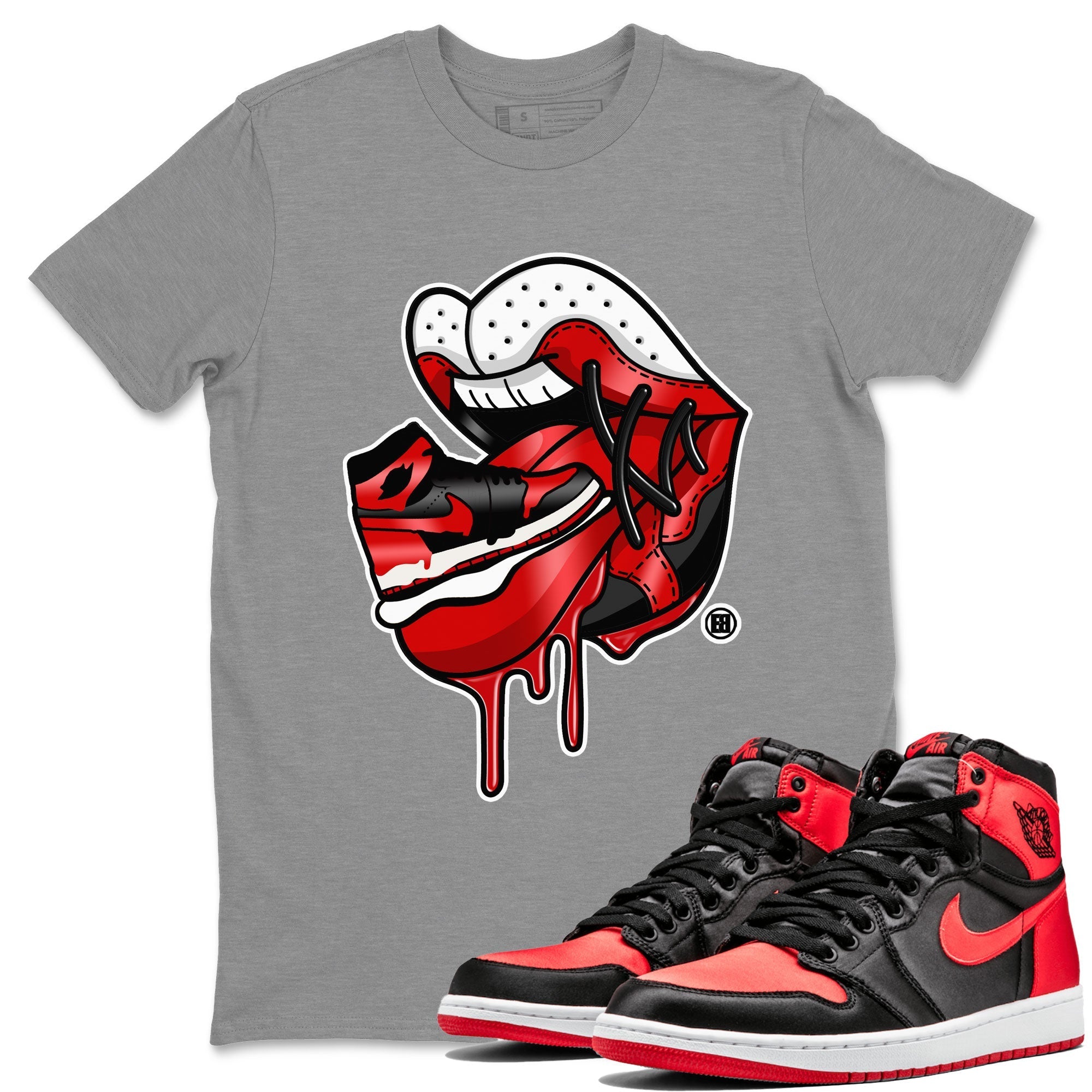 Air Jordan 1 Satin Bred Sneaker Match Tees Sneaker Addiction 2 Streetwear Sneaker Shirt AJ1 Retro Satin Bred Drip Gear Zone Sneaker Matching Clothing Unisex Shirts Heather Grey 1
