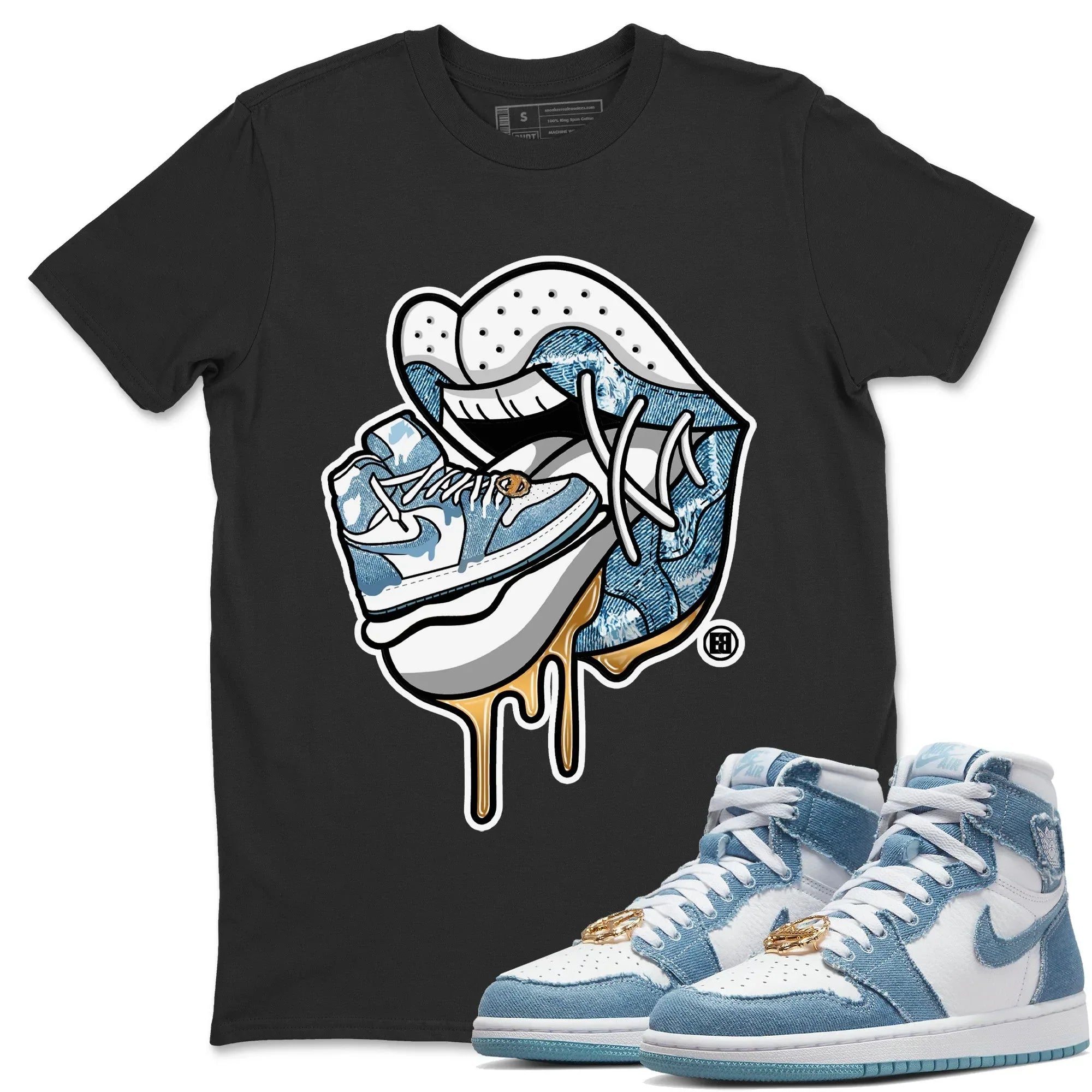 Jordan 1 Denim Sneaker Matching T-Shirt Sneaker Addiction 2 Sneaker Tees Jordan 1 Denim Sneaker Release Tees Crew Neck Tees