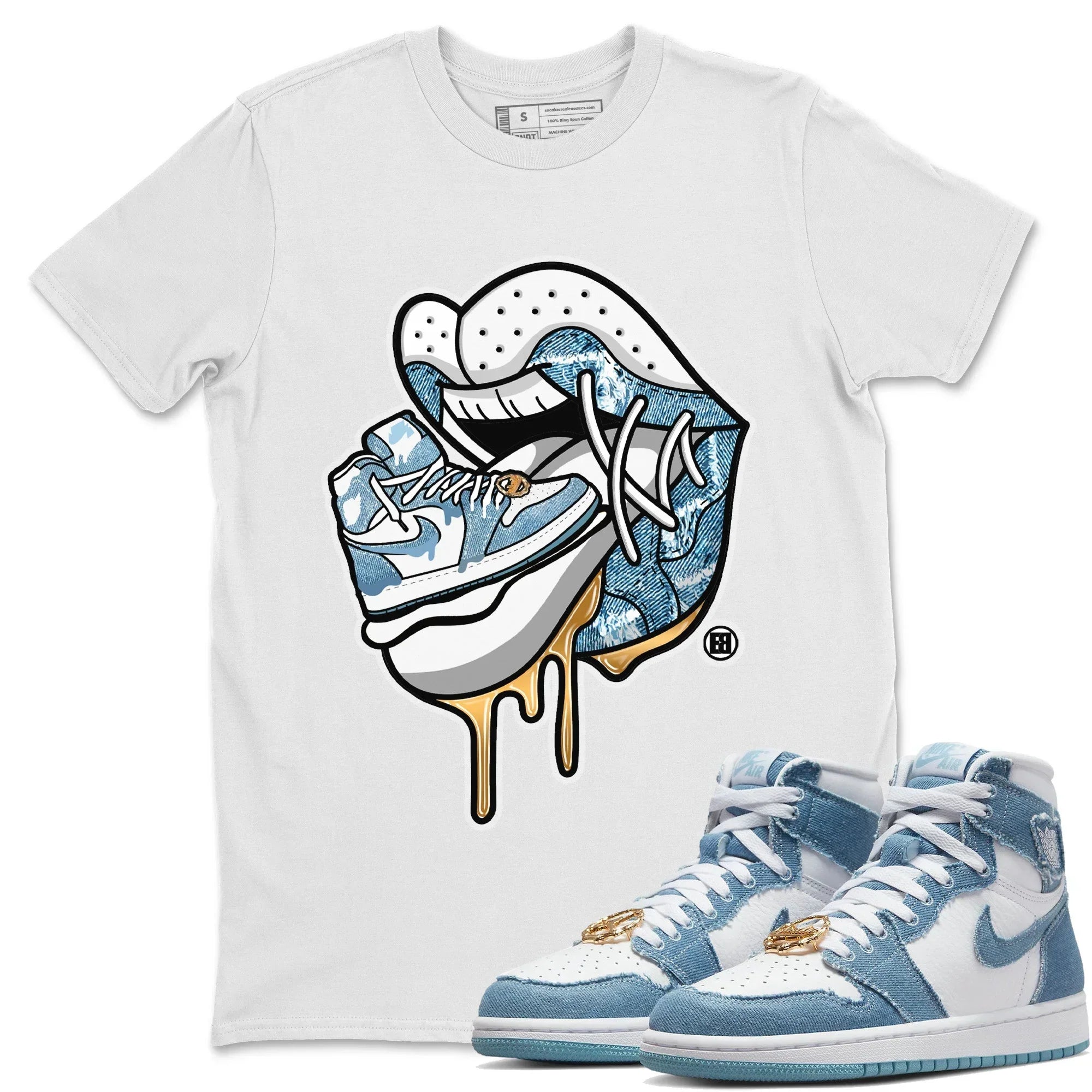 Jordan 1 Denim Sneaker Matching T-Shirt Sneaker Addiction 2 Sneaker Tees Jordan 1 Denim Sneaker Release Tees Crew Neck Tees