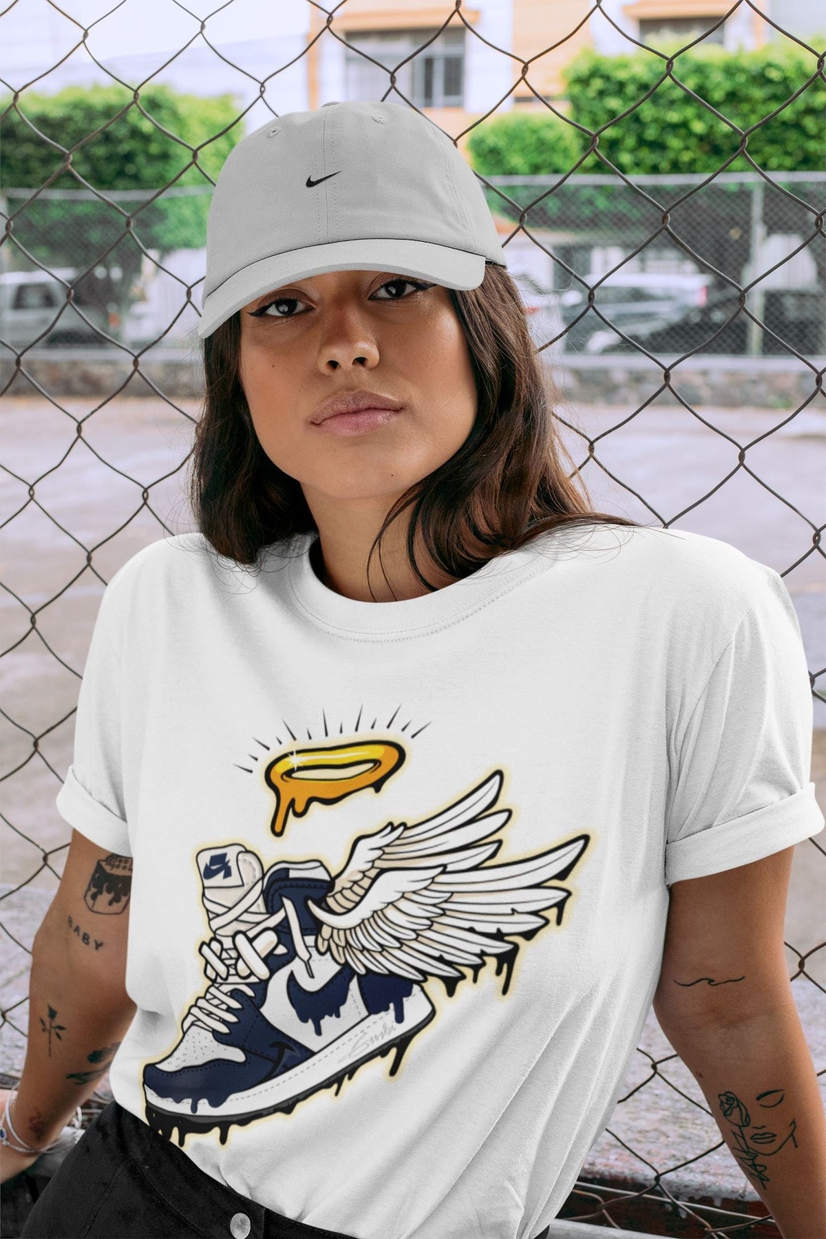 Jordan 1 85 Georgetown Sneaker Match Tees Sneaker Angel Sneaker Tees Jordan 1 85 Georgetown Jordan to match sneaker T-Shirt Crew Neck Shirts