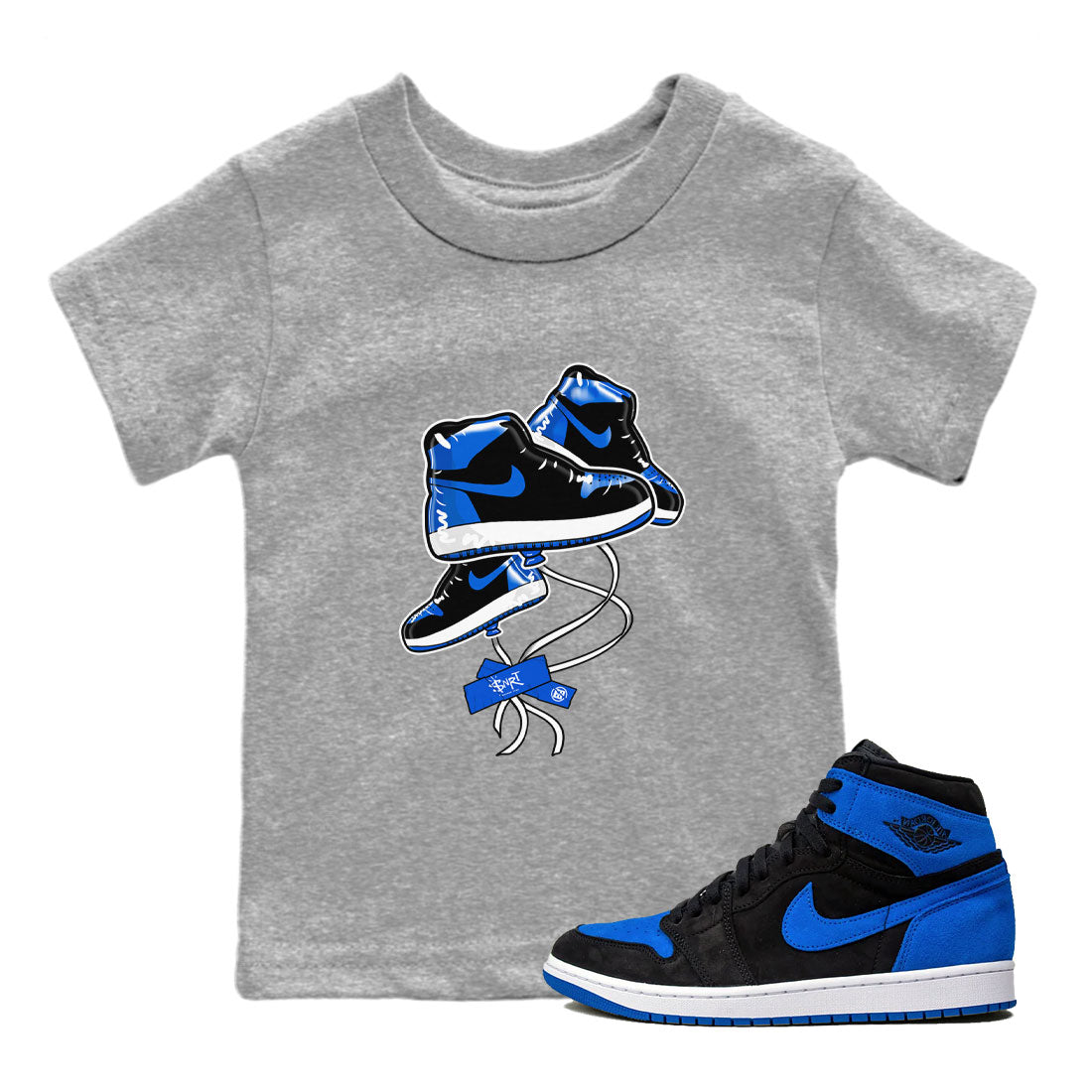 AJ1 Royal Reimagined shirt to match jordans Sneaker Balloon sneaker tees Air Jordan 1 Royal Reimagined Drip Gear Zones Sneaker Matching Clothing Brand Baby Toddler Heather Grey 1 T-Shirt