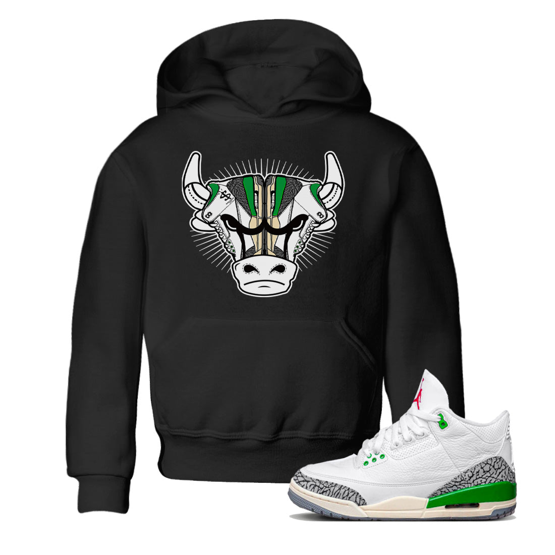 Air Jordan 3 Lucky Green Sneaker Match Tees Sneaker Bull Head Streetwear Sneaker Shirt Jordan 3 Retro Lucky Green Sneaker Release Tees Kids Shirts Black 1