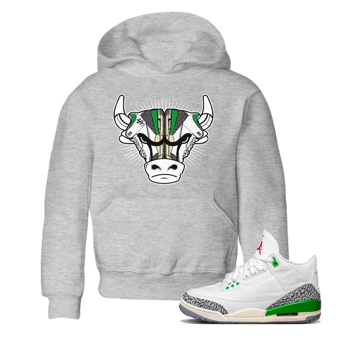 Air Jordan 3 Lucky Green Sneaker Match Tees Sneaker Bull Head Streetwear Sneaker Shirt Jordan 3 Retro Lucky Green Sneaker Release Tees Kids Shirts Heather Grey 1