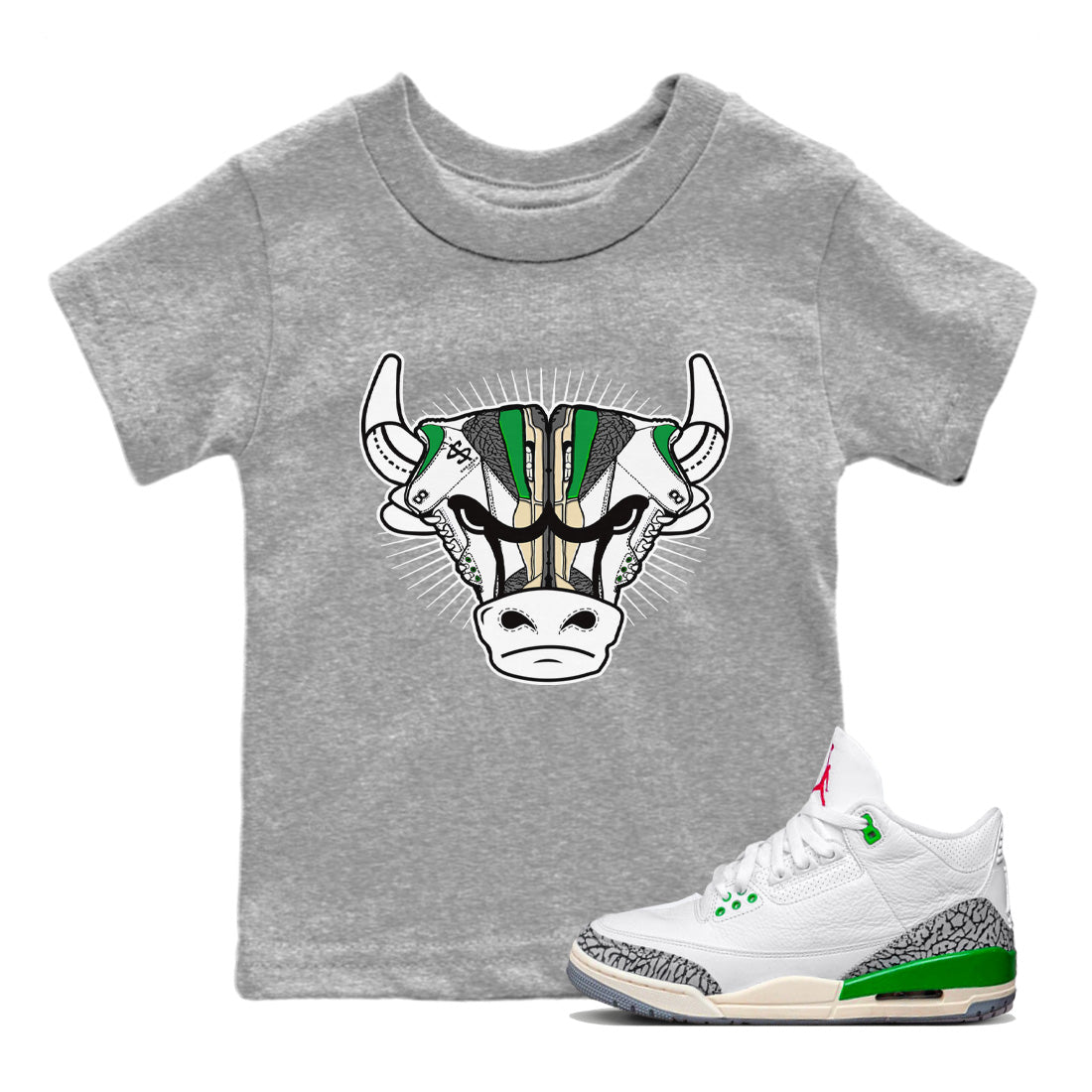 Air Jordan 3 Lucky Green Sneaker Match Tees Sneaker Bull Head Streetwear Sneaker Shirt Jordan 3 Retro Lucky Green Sneaker Release Tees Kids Shirts Heather Grey 1