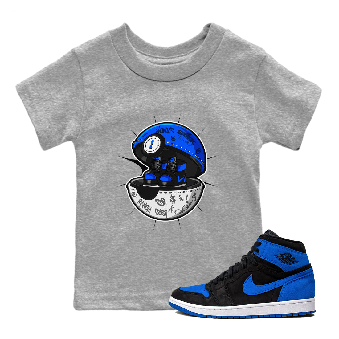 Air Jordan 1 Royal Reimagined shirt to match jordans Sneaker Capsule sneaker tees AJ1 Royal Reimagined Drip Gear Zone Kids Baby Toddler sneaker shirts Heather Grey 1 T-Shirt