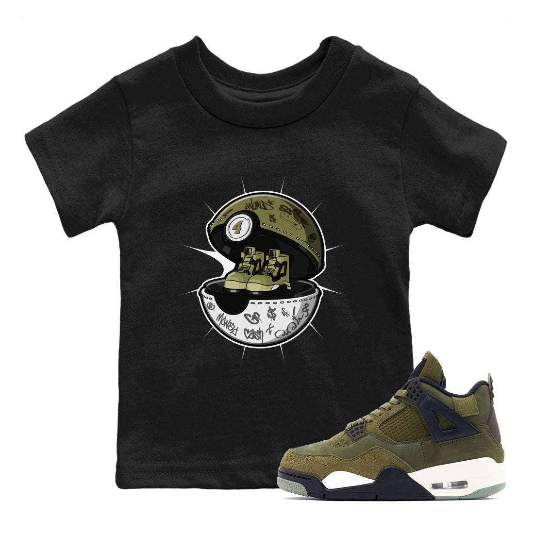 Air Jordan 4 Medium Olive shirt to match jordans streetwear brand Sneaker Capsule sneaker tees AJ4 Medium Olive Drip Gear Zone Baby Toddler Black 1 T-Shirt