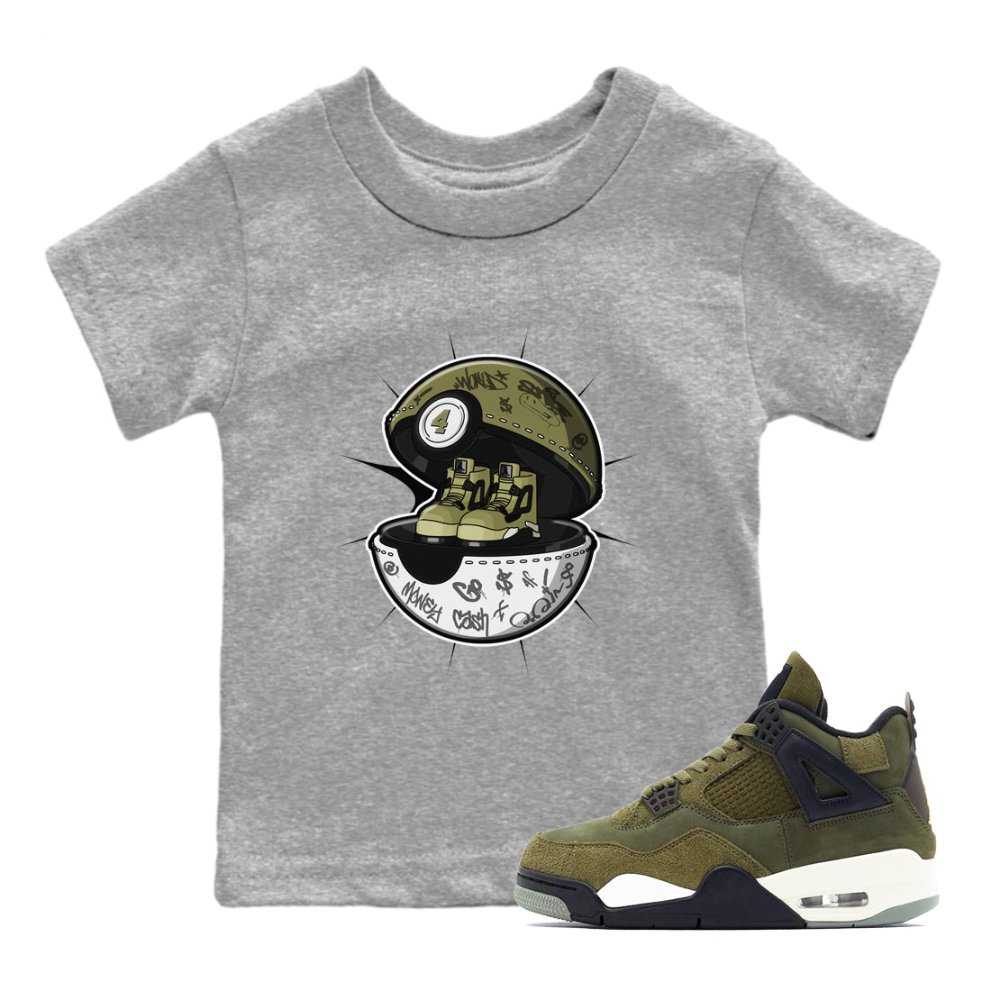 Air Jordan 4 Medium Olive shirt to match jordans streetwear brand Sneaker Capsule sneaker tees AJ4 Medium Olive Drip Gear Zone Baby Toddler Heather Grey 1 T-Shirt