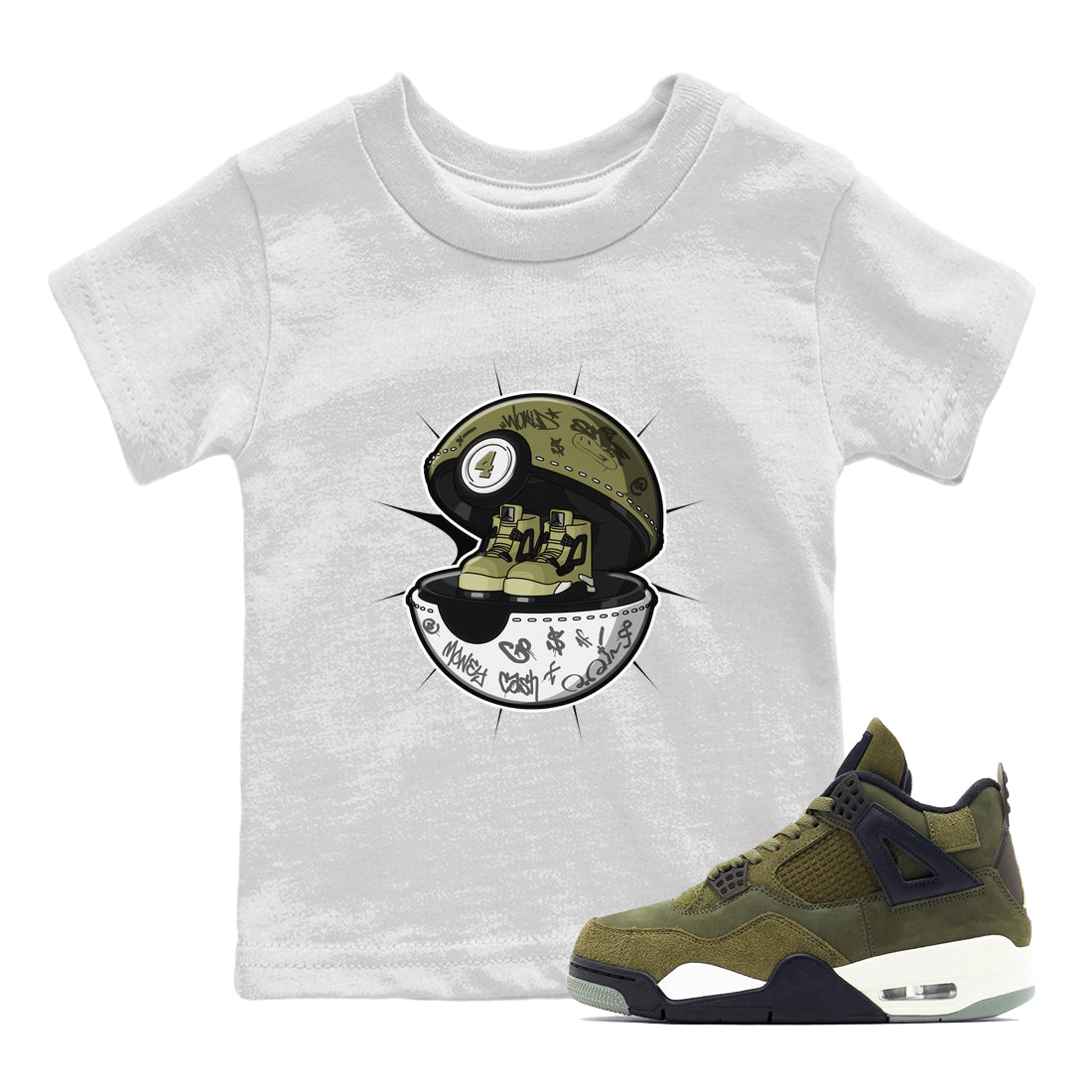 Air Jordan 4 Medium Olive shirt to match jordans streetwear brand Sneaker Capsule sneaker tees AJ4 Medium Olive Drip Gear Zone Baby Toddler White 1 T-Shirt