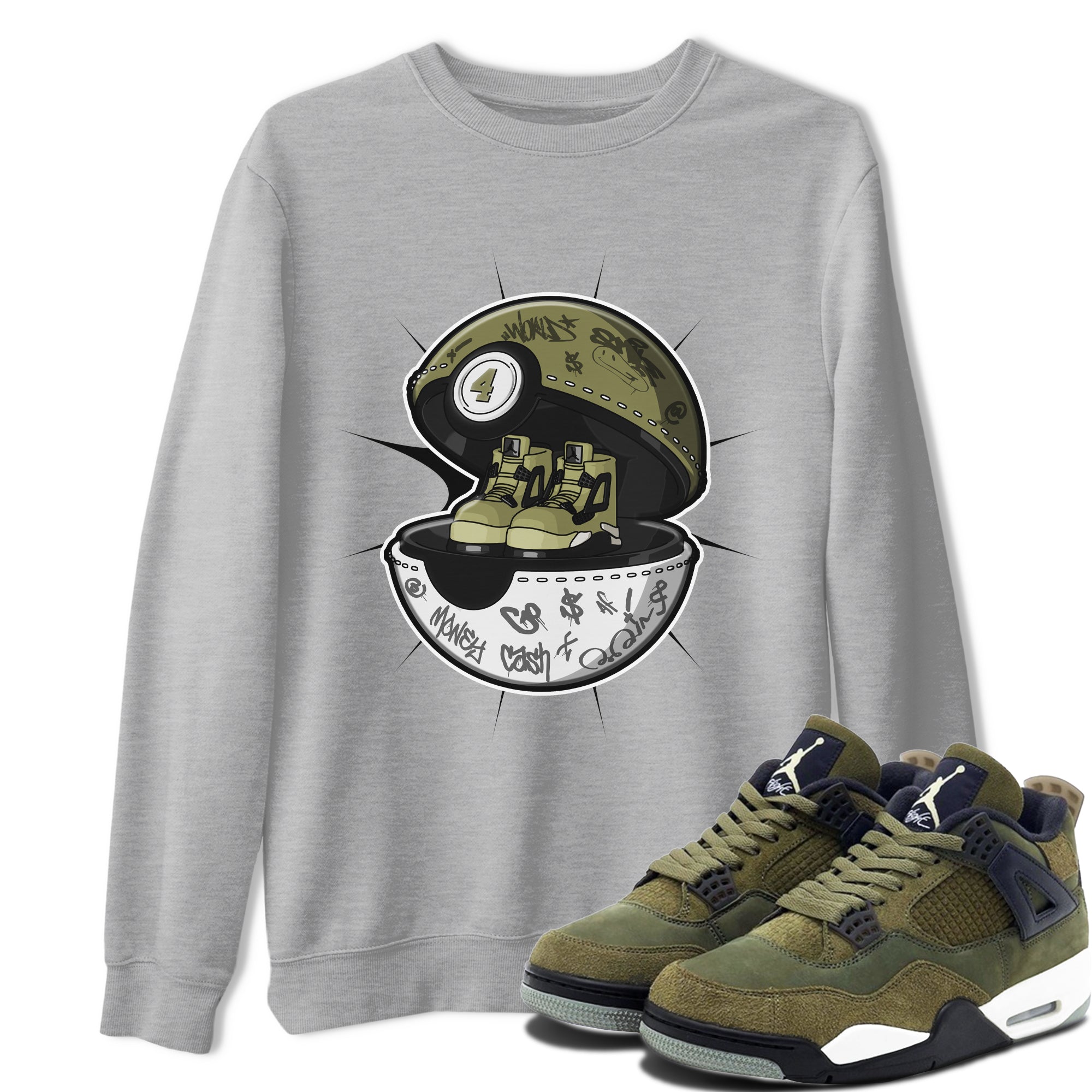Air Jordan 4 Medium Olive shirt to match jordans streetwear brand Sneaker Capsule sneaker tees AJ4 Medium Olive Drip Gear Zone Unisex Heather Grey 1 T-Shirt