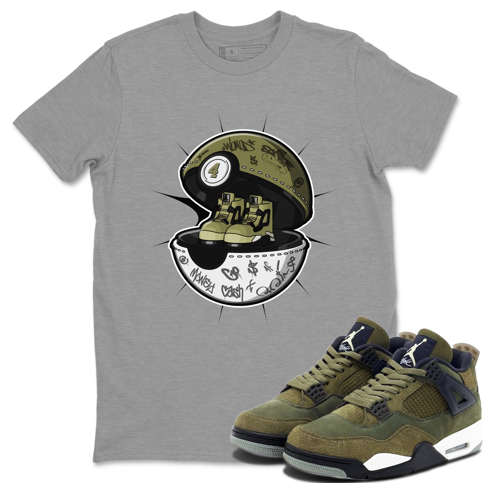 Air Jordan 4 Medium Olive shirt to match jordans streetwear brand Sneaker Capsule sneaker tees AJ4 Medium Olive Drip Gear Zone Unisex Heather Grey 1 T-Shirt