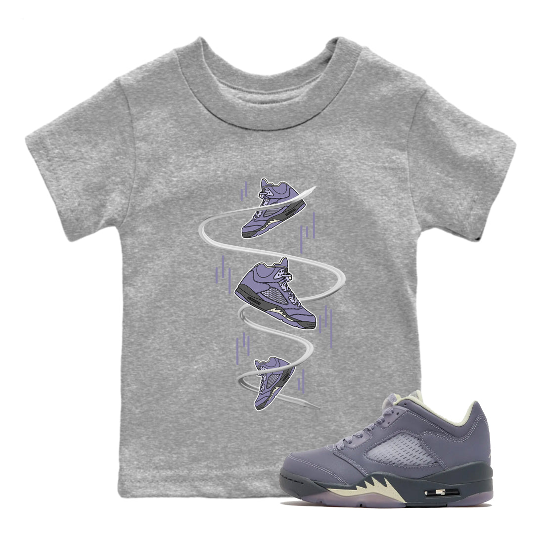 Air Jordan 5 Indigo Haze Sneaker Match Tees Sneaker Drop Sneaker Tees AJ5 Indigo Haze Sneaker Release Tees Kids Shirts Heather Grey 1