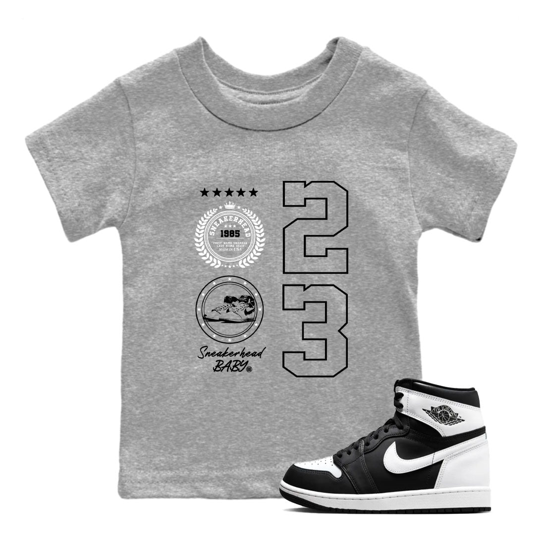 Air Jordan 1 High OG Black White shirt to match jordans streetwear brand Sneaker Emblem sneaker tees 1s Black White Drip Gear Zone baby toddler Heather Grey 1 cotton Shirt
