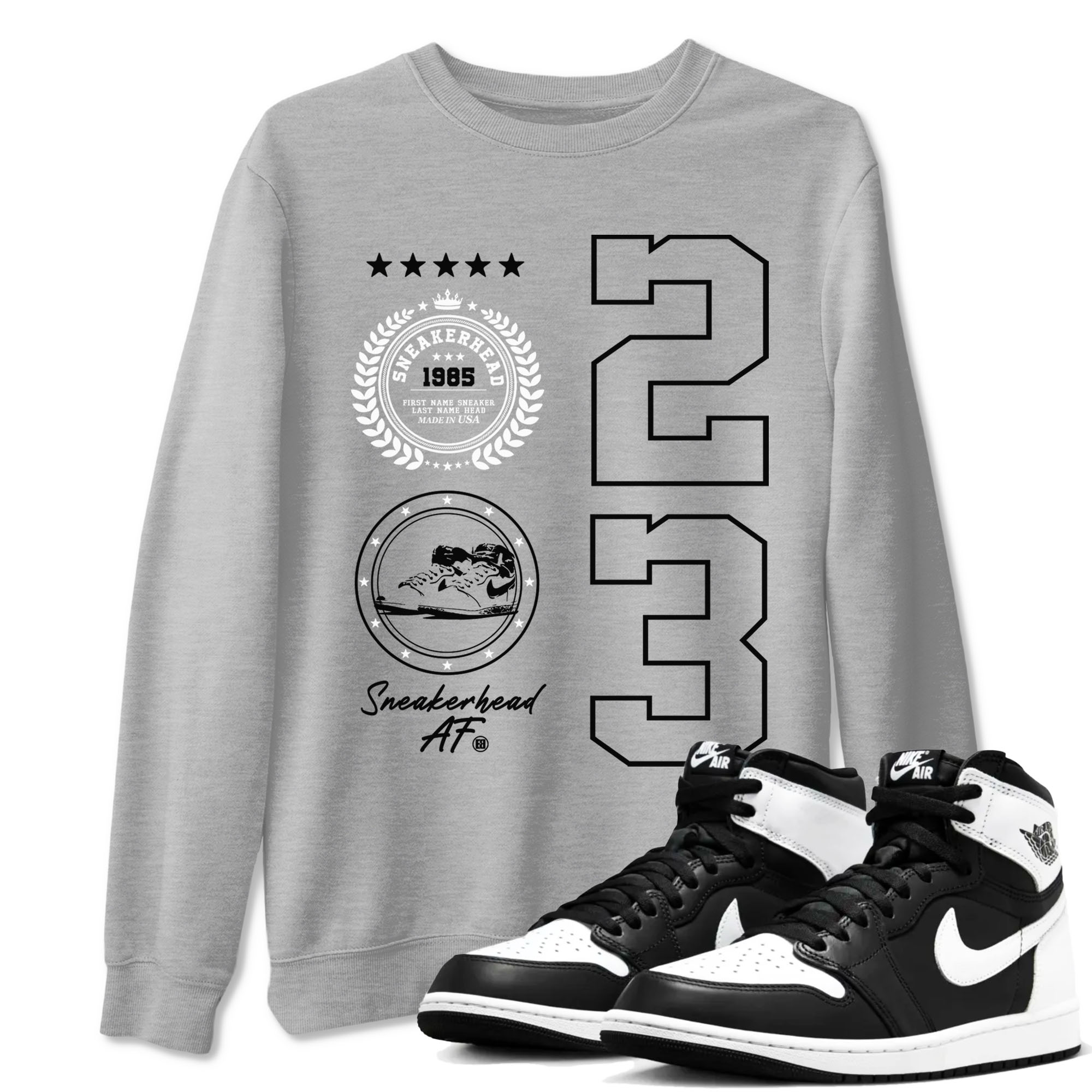 Air Jordan 1 High OG Black White shirt to match jordans streetwear brand Sneaker Emblem sneaker tees 1s Black White Drip Gear Zone unisex cotton Heather Grey 1 crew neck shirt