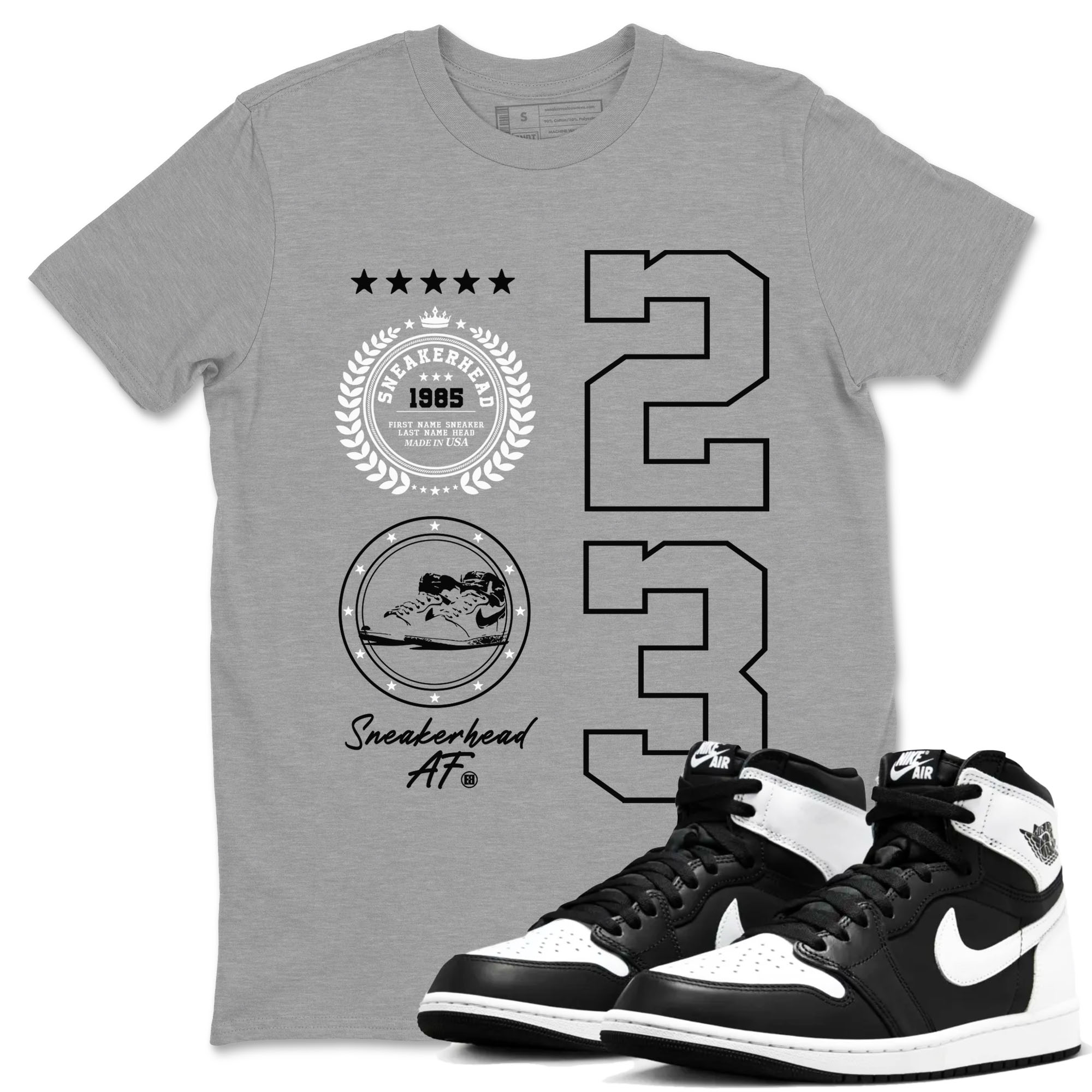 Air Jordan 1 High OG Black White shirt to match jordans streetwear brand Sneaker Emblem sneaker tees 1s Black White Drip Gear Zone unisex cotton Heather Grey 1 crew neck shirt