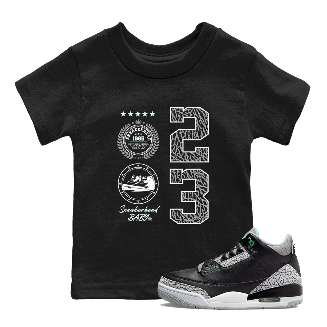 3s Green Glow shirt to match jordans Sneaker Emblem sneaker tees Air Jordan 3 Green Glow Drip Gear Zone baby toddler Black 1 cotton Shirt