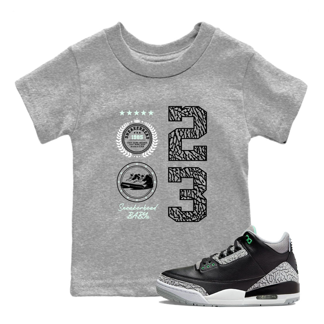 3s Green Glow shirt to match jordans Sneaker Emblem sneaker tees Air Jordan 3 Green Glow Drip Gear Zone baby toddler Heather Grey 1 cotton Shirt