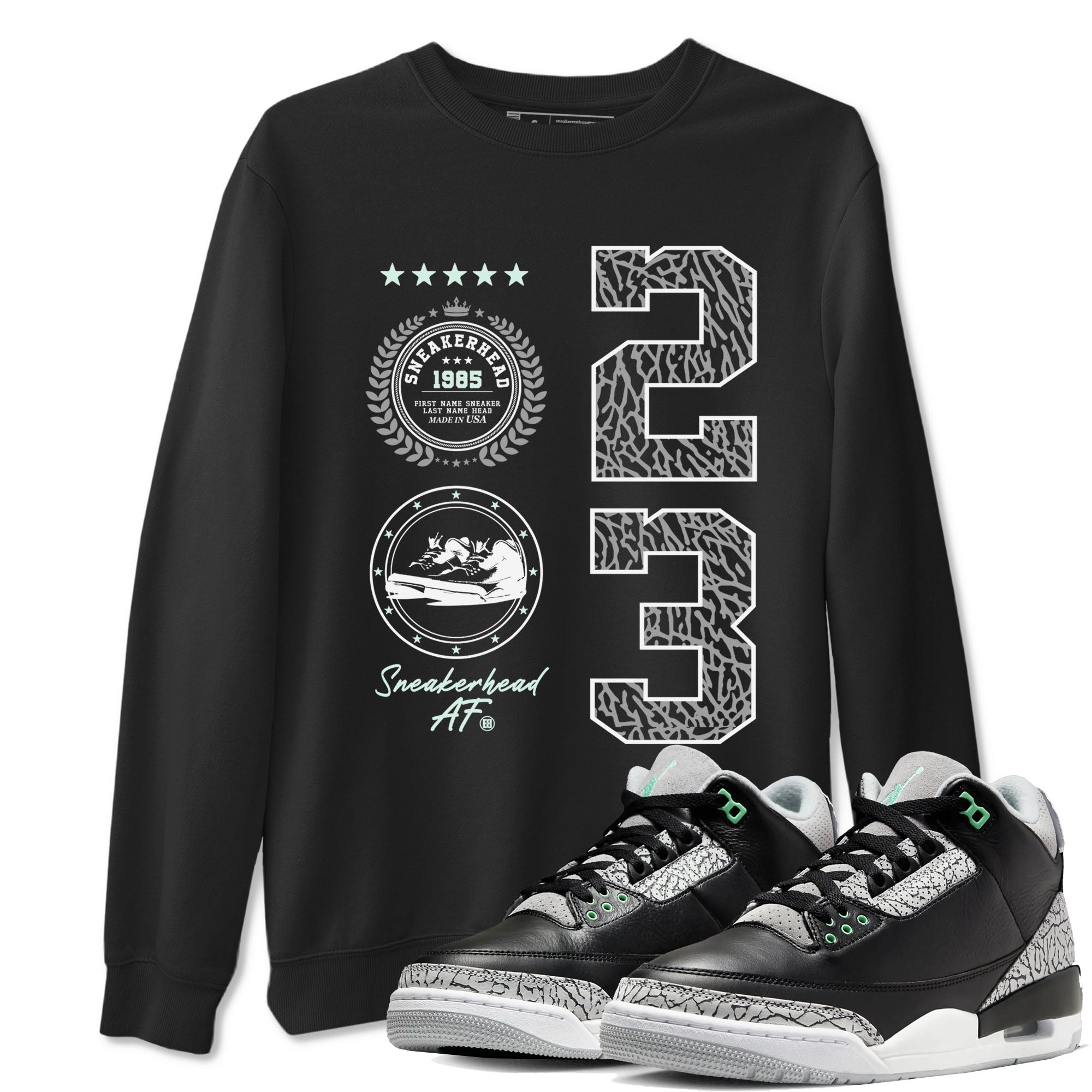 3s Green Glow shirt to match jordans Sneaker Emblem sneaker tees Air Jordan 3 Green Glow Drip Gear Zone unisex cotton Black 1 crew neck shirt