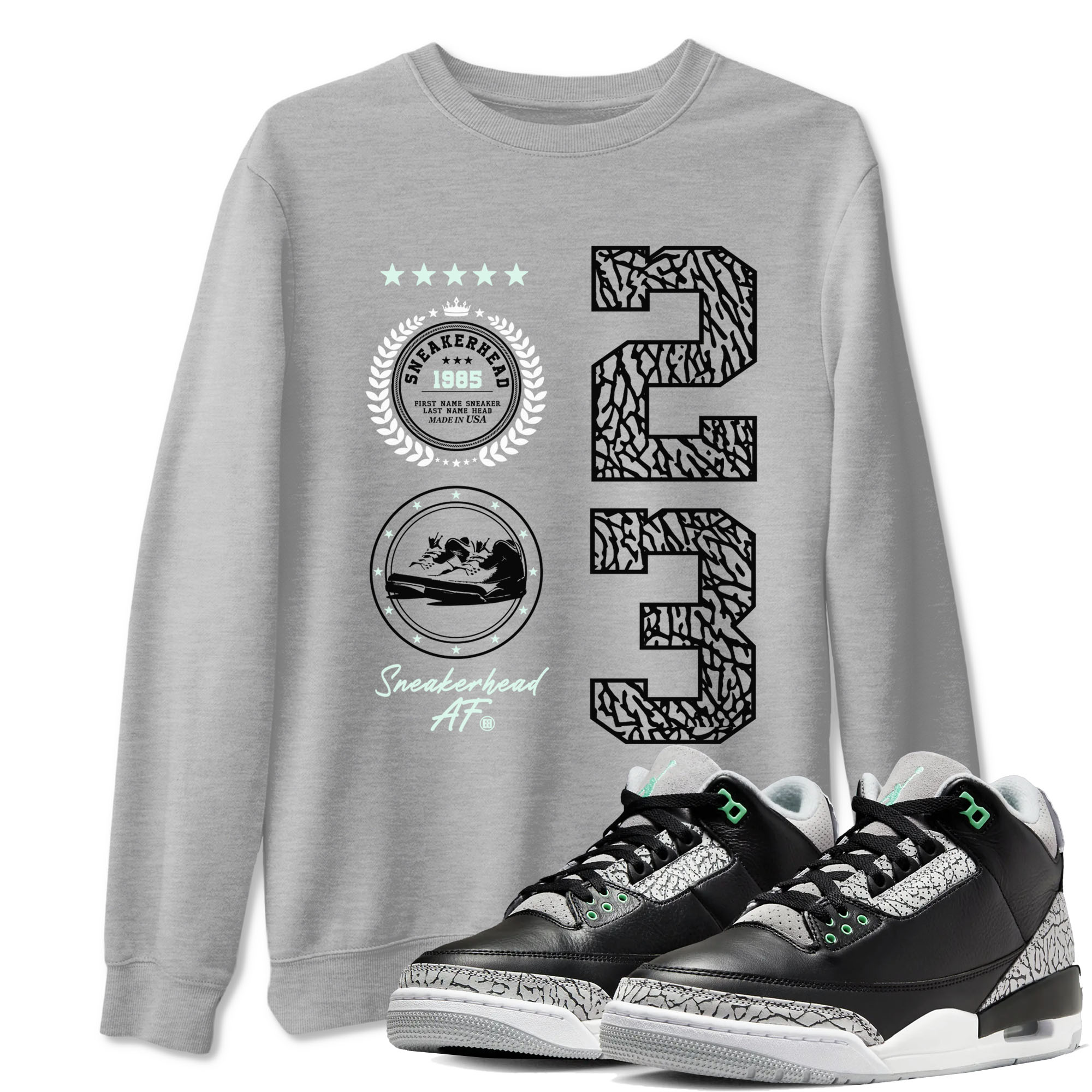3s Green Glow shirt to match jordans Sneaker Emblem sneaker tees Air Jordan 3 Green Glow Drip Gear Zone unisex cotton Heather Grey 1 crew neck shirt