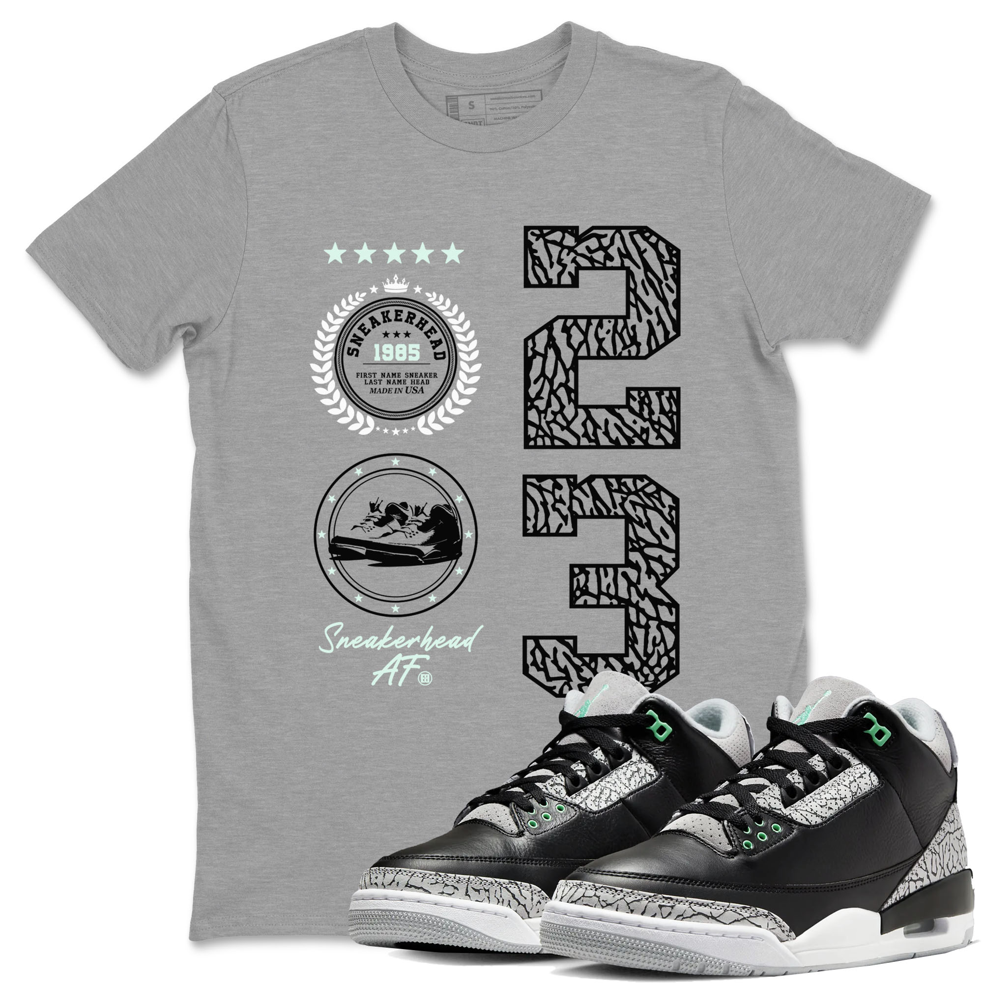 3s Green Glow shirt to match jordans Sneaker Emblem sneaker tees Air Jordan 3 Green Glow Drip Gear Zone unisex cotton Heather Grey 1 crew neck shirt