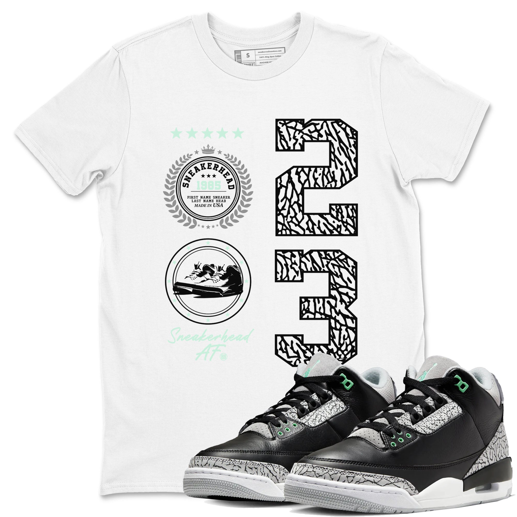 3s Green Glow shirt to match jordans Sneaker Emblem sneaker tees Air Jordan 3 Green Glow Drip Gear Zone unisex cotton White 1 crew neck shirt