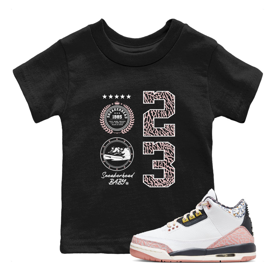Air Jordan 3 GS Vintage Floral shirt to match jordans Sneaker Emblem sneaker tees 3s Vintage Floral Drip Gear Zone baby toddler Black 1 cotton Shirt