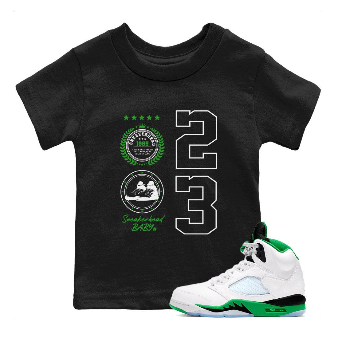 Air Jordan 5 Lucky Green shirt to match jordans streetwear brand Sneaker Emblem sneaker tees Air Jordan 5 Lucky Green Drip Gear Zone baby toddler Black 1 cotton Shirt