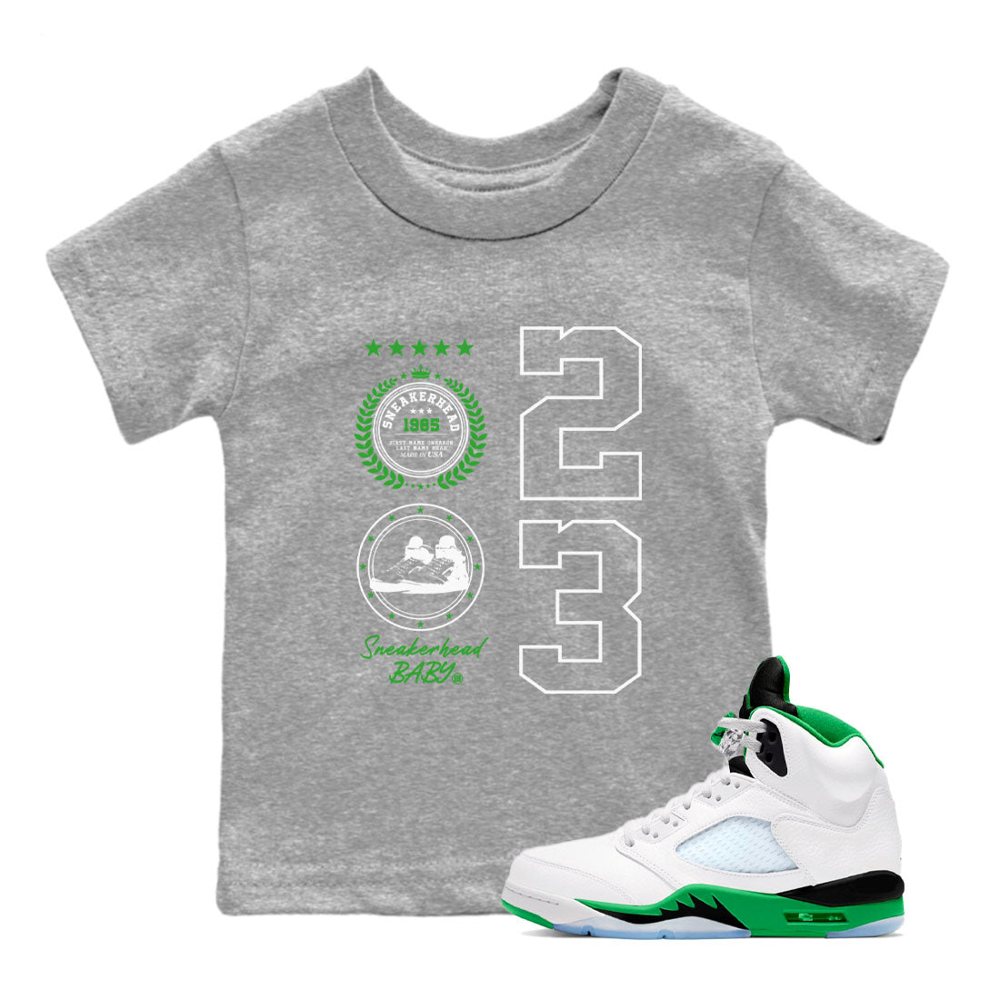 Air Jordan 5 Lucky Green shirt to match jordans streetwear brand Sneaker Emblem sneaker tees Air Jordan 5 Lucky Green Drip Gear Zone baby toddler Heather Grey 1 cotton Shirt