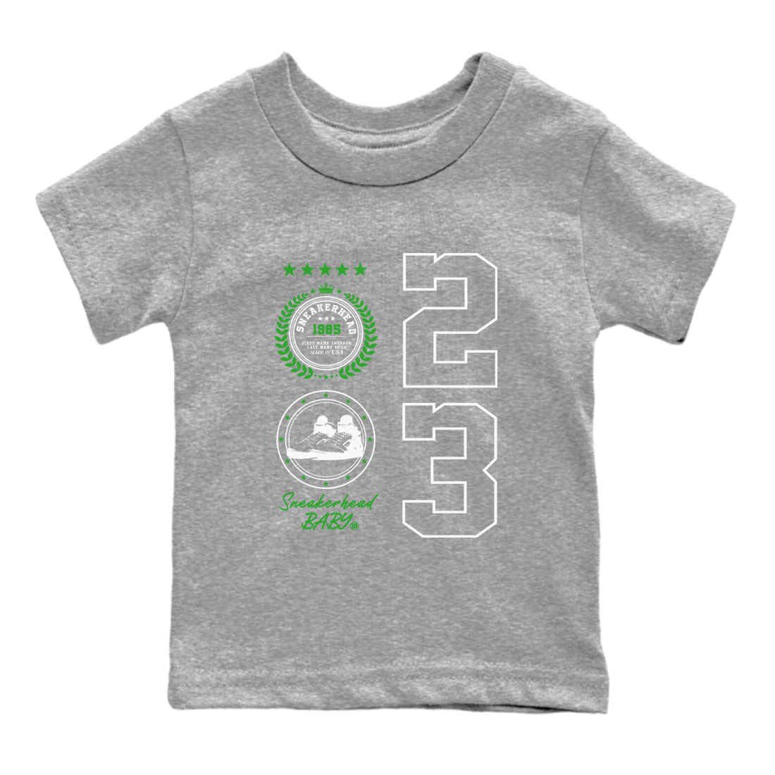 Air Jordan 5 Lucky Green shirt to match jordans streetwear brand Sneaker Emblem sneaker tees Air Jordan 5 Lucky Green Drip Gear Zone baby toddler Heather Grey 2 cotton Shirt