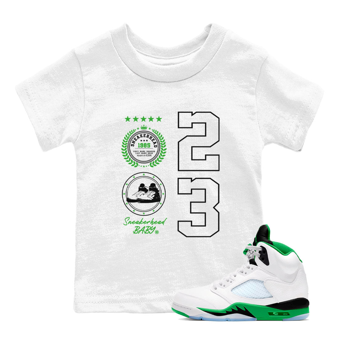 Air Jordan 5 Lucky Green shirt to match jordans streetwear brand Sneaker Emblem sneaker tees Air Jordan 5 Lucky Green Drip Gear Zone baby toddler White 1 cotton Shirt