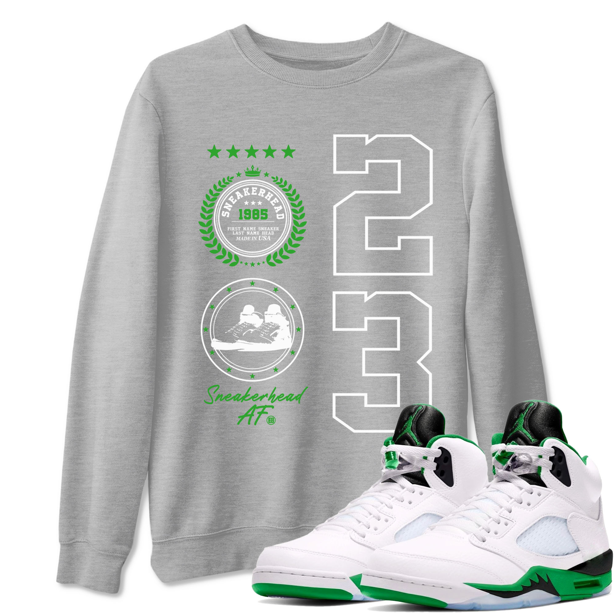 Air Jordan 5 Lucky Green shirt to match jordans streetwear brand Sneaker Emblem sneaker tees Air Jordan 5 Lucky Green Drip Gear Zone unisex cotton Heather Grey 1 crew neck shirt