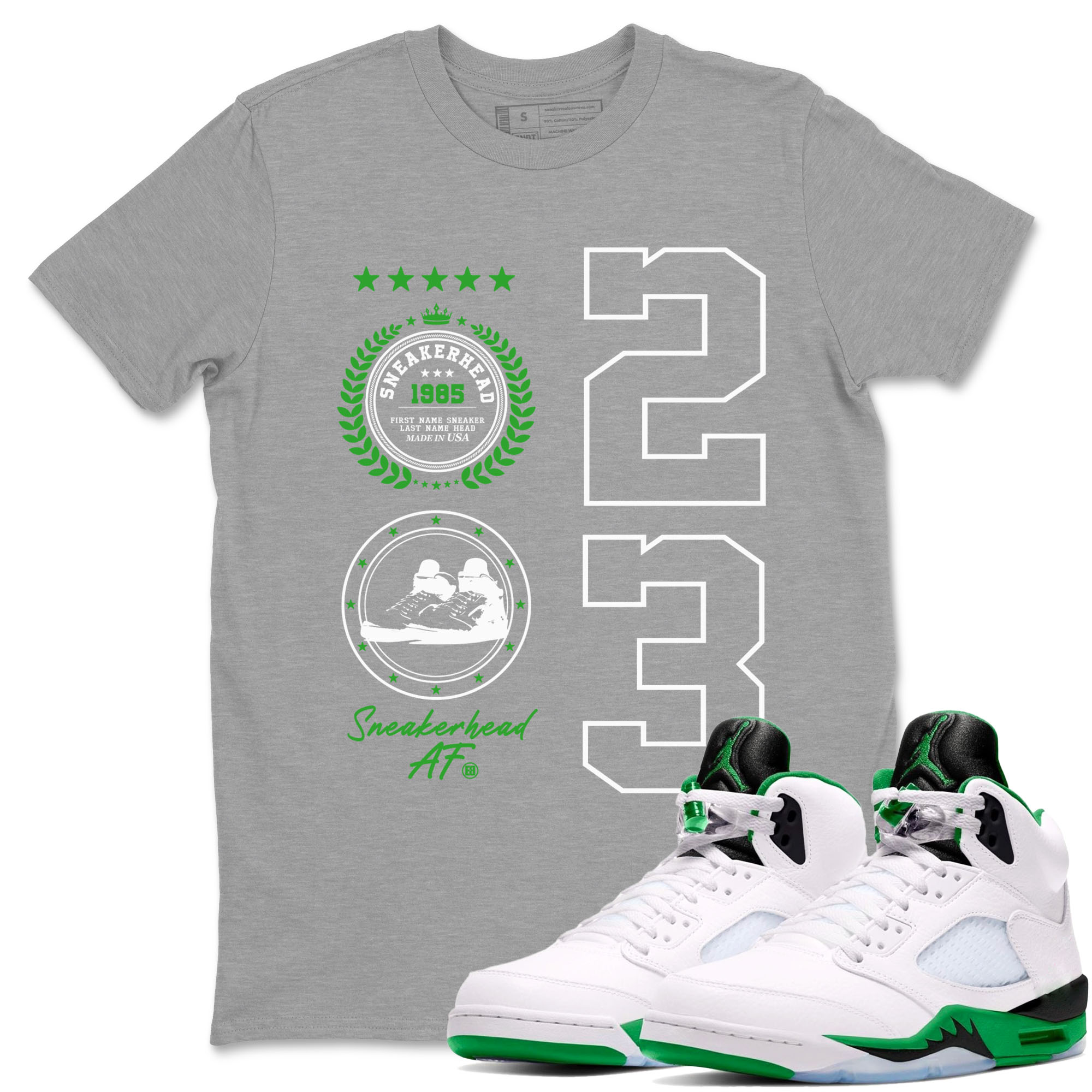 Air Jordan 5 Lucky Green shirt to match jordans streetwear brand Sneaker Emblem sneaker tees Air Jordan 5 Lucky Green Drip Gear Zone unisex cotton Heather Grey 1 crew neck shirt
