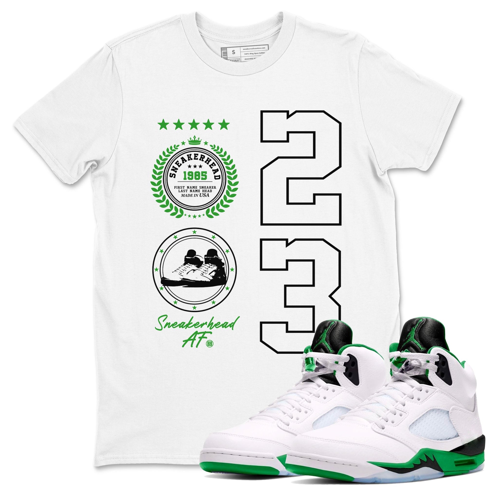 Air Jordan 5 Lucky Green shirt to match jordans streetwear brand Sneaker Emblem sneaker tees Air Jordan 5 Lucky Green Drip Gear Zone unisex cotton White 1 crew neck shirt