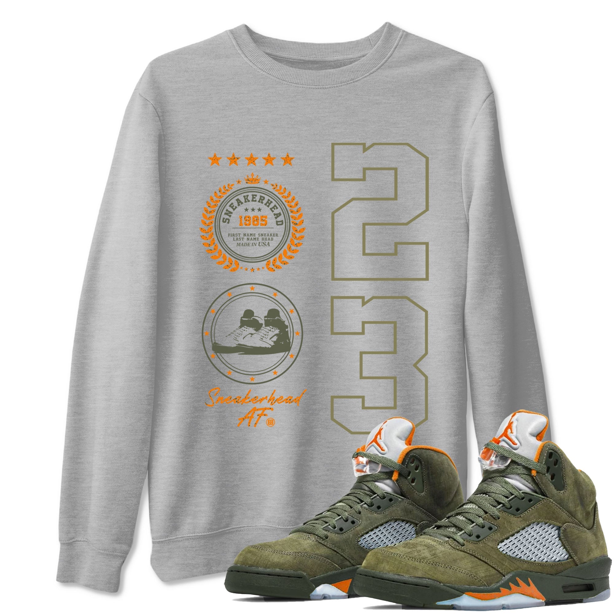 Air Jordan 5 Olive shirt to match jordans Sneaker Emblem sneaker tees 5s Olive Drip Gear Zone unisex cotton Heather Grey 1 crew neck shirt