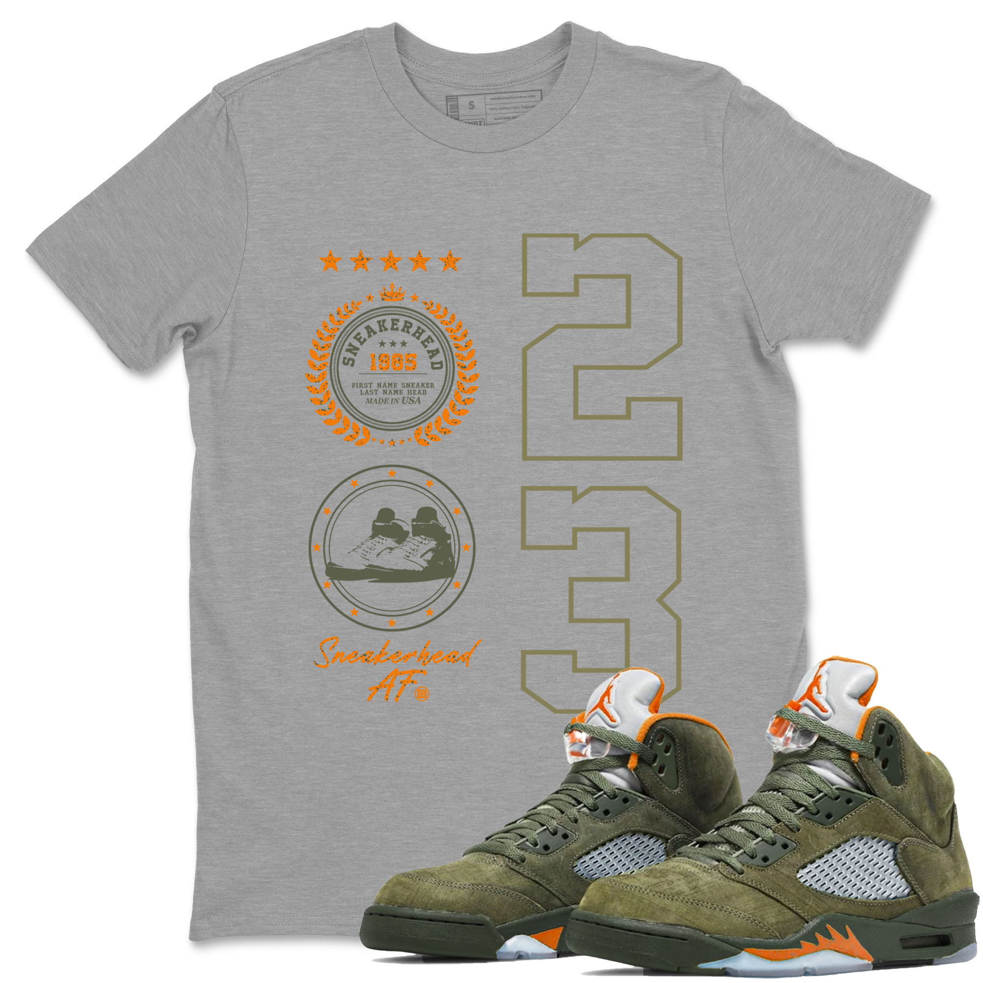 Air Jordan 5 Olive shirt to match jordans Sneaker Emblem sneaker tees 5s Olive Drip Gear Zone unisex cotton Heather Grey 1 crew neck shirt