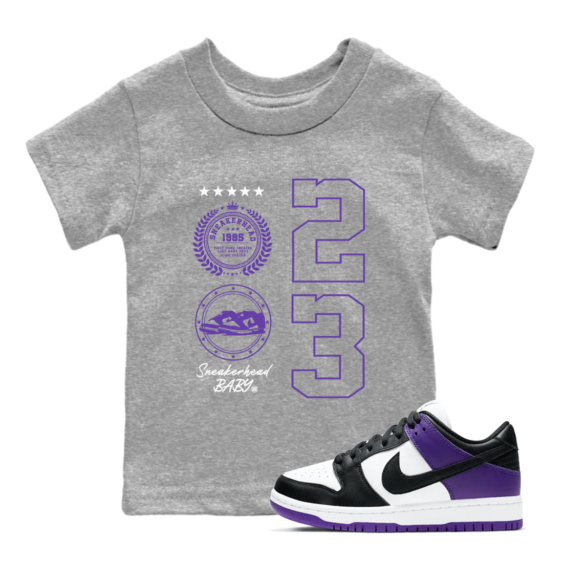 Sneaker Emblem sneaker match tees to Court Purple Dunks street fashion brand for shirts to match Jordans Drip Gear Zone Dunk Low Court Purple unisex t-shirt Heather Grey 1 youth shirt