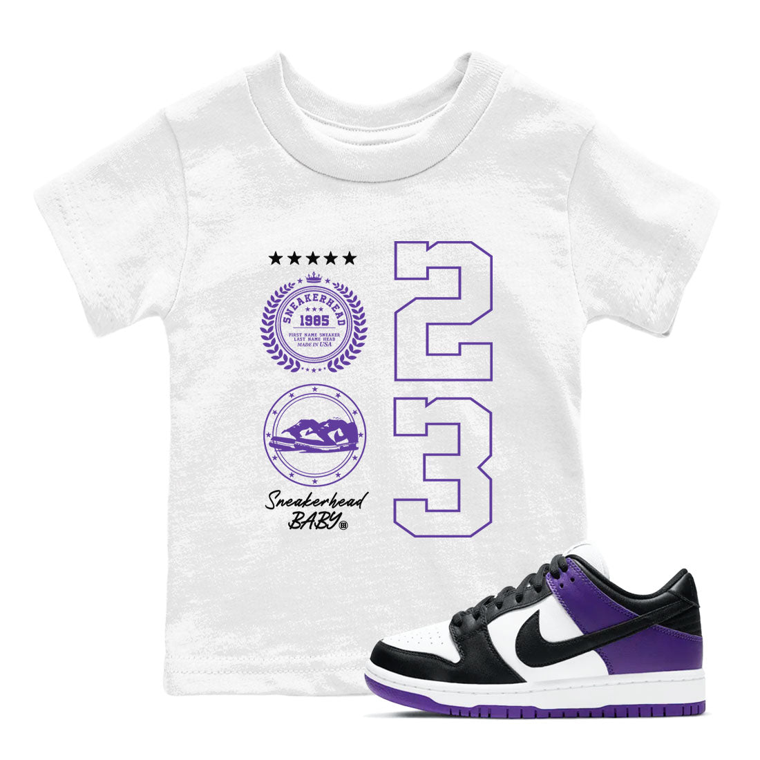 Sneaker Emblem sneaker match tees to Court Purple Dunks street fashion brand for shirts to match Jordans Drip Gear Zone Dunk Low Court Purple unisex t-shirt White 1 youth shirt