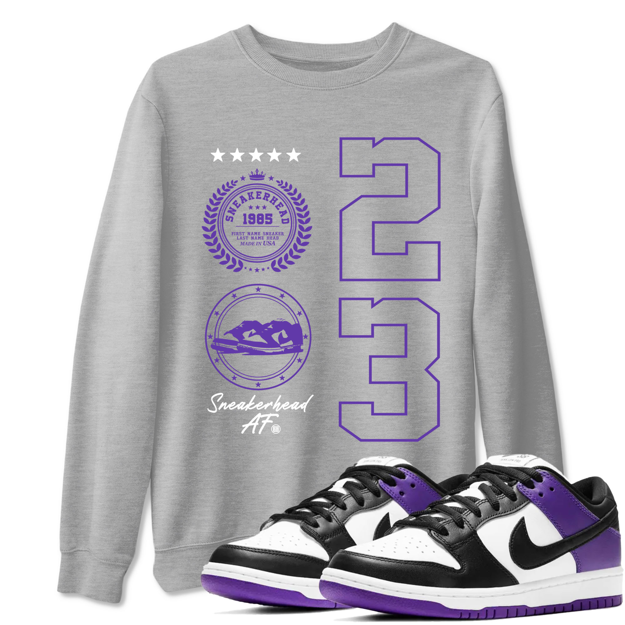 Sneaker Emblem sneaker match tees to Court Purple Dunks street fashion brand for shirts to match Jordans Drip Gear Zone Dunk Low Court Purple unisex t-shirt Heather Grey 1 unisex shirt