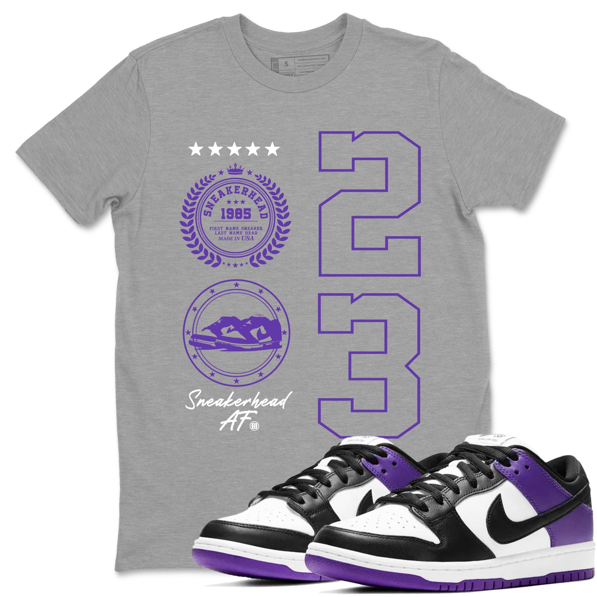 Sneaker Emblem sneaker match tees to Court Purple Dunks street fashion brand for shirts to match Jordans Drip Gear Zone Dunk Low Court Purple unisex t-shirt Heather Grey 1 unisex shirt