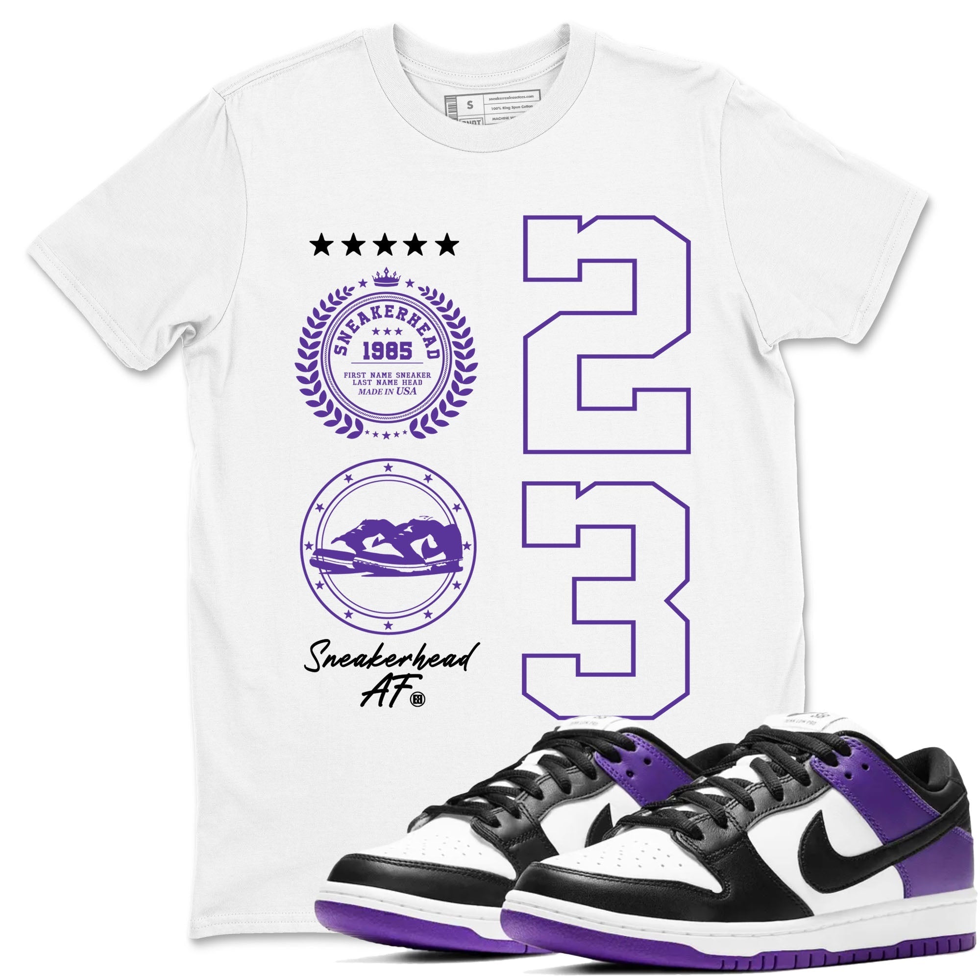 Sneaker Emblem sneaker match tees to Court Purple Dunks street fashion brand for shirts to match Jordans Drip Gear Zone Dunk Low Court Purple unisex t-shirt White 1 unisex shirt