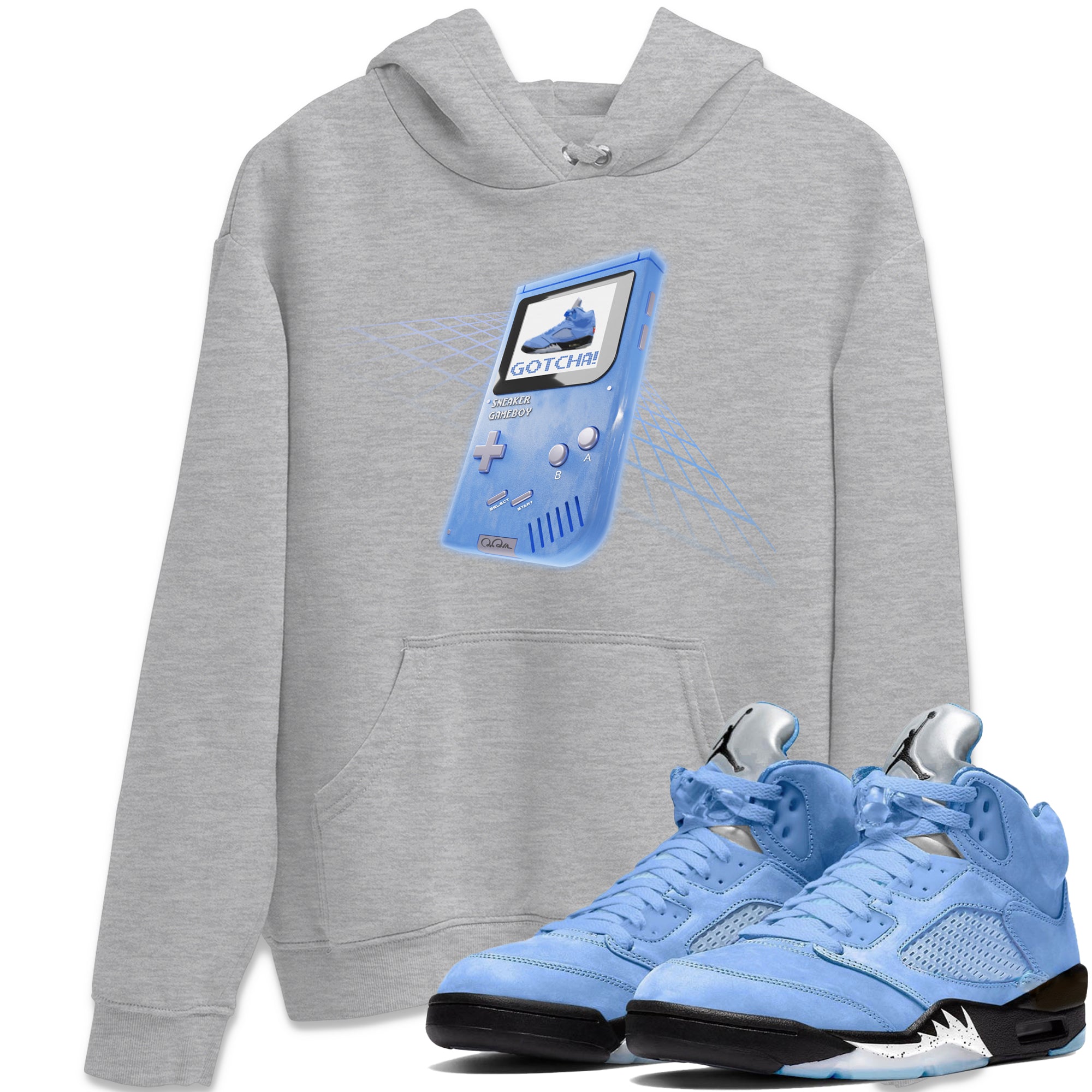 Air Jordan 5 UNC Sneaker Tees Drip Gear Zone Sneaker Game Boy Sneaker Tees AJ5 UNC Shirt Unisex Shirts Heather Grey 1