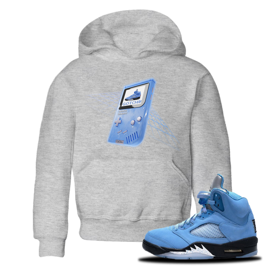 Air Jordan 5 UNC Sneaker Tees Drip Gear Zone Sneaker Game Boy Sneaker Tees AJ5 UNC Shirt Kids Shirts Heather Grey 1
