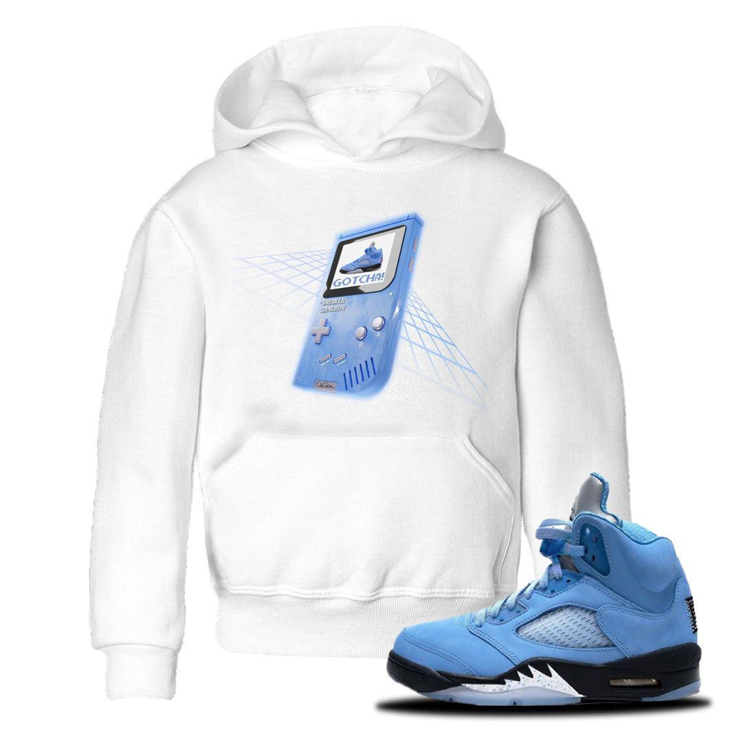 Air Jordan 5 UNC Sneaker Tees Drip Gear Zone Sneaker Game Boy Sneaker Tees AJ5 UNC Shirt Kids Shirts White 1