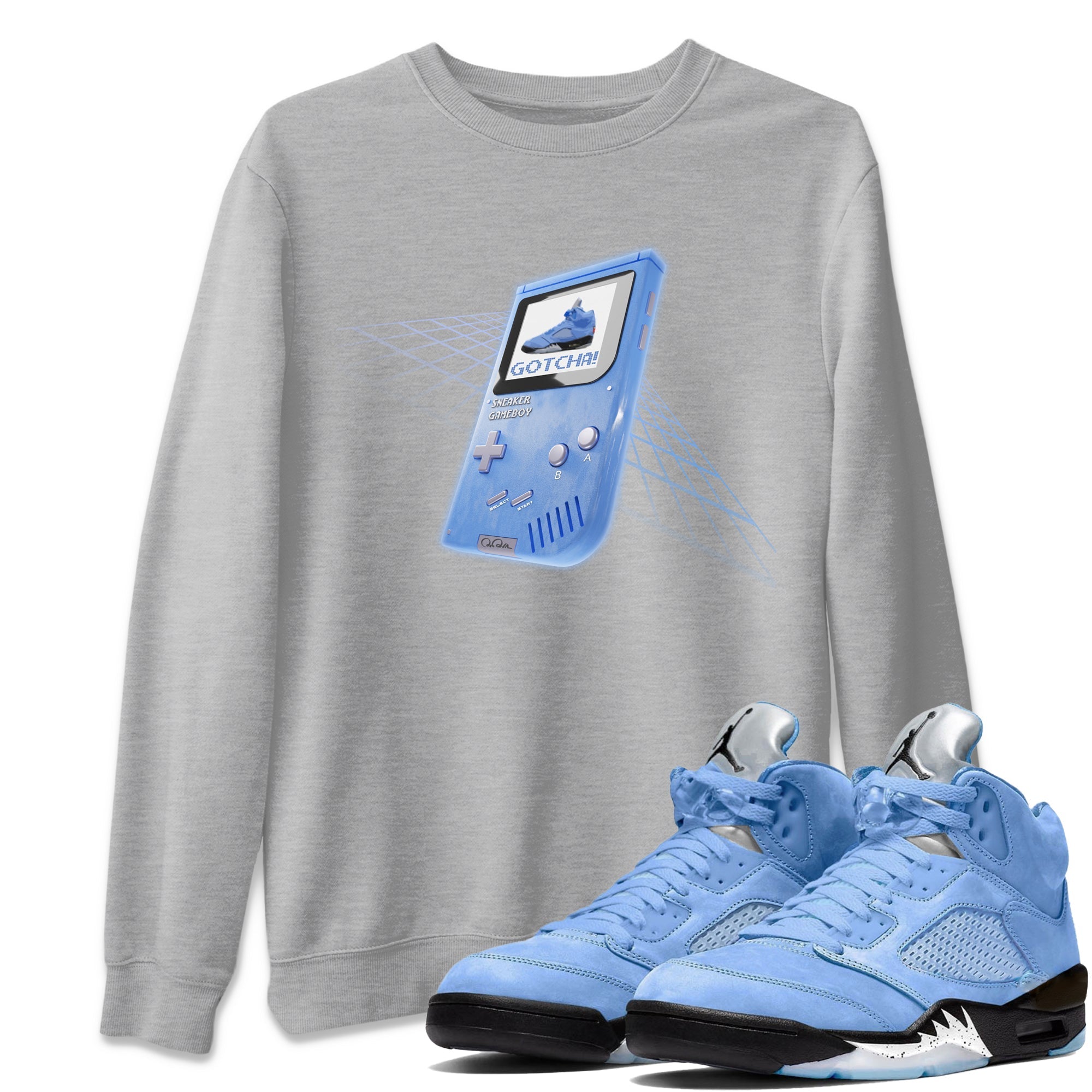 Air Jordan 5 UNC Sneaker Tees Drip Gear Zone Sneaker Game Boy Sneaker Tees AJ5 UNC Shirt Unisex Shirts Heather Grey 1