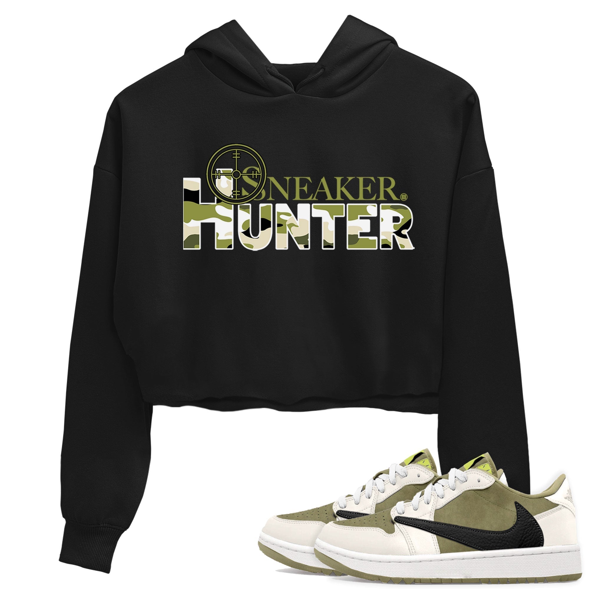Air Jordan 1 X Travis Scott Golf Olive shirt to match jordans Sneaker Hunter Streetwear Sneaker Shirt Air Jordan 1 Travis Scott Golf Drip Gear Zone Sneaker Matching Clothing Black 1 Crop T-Shirt
