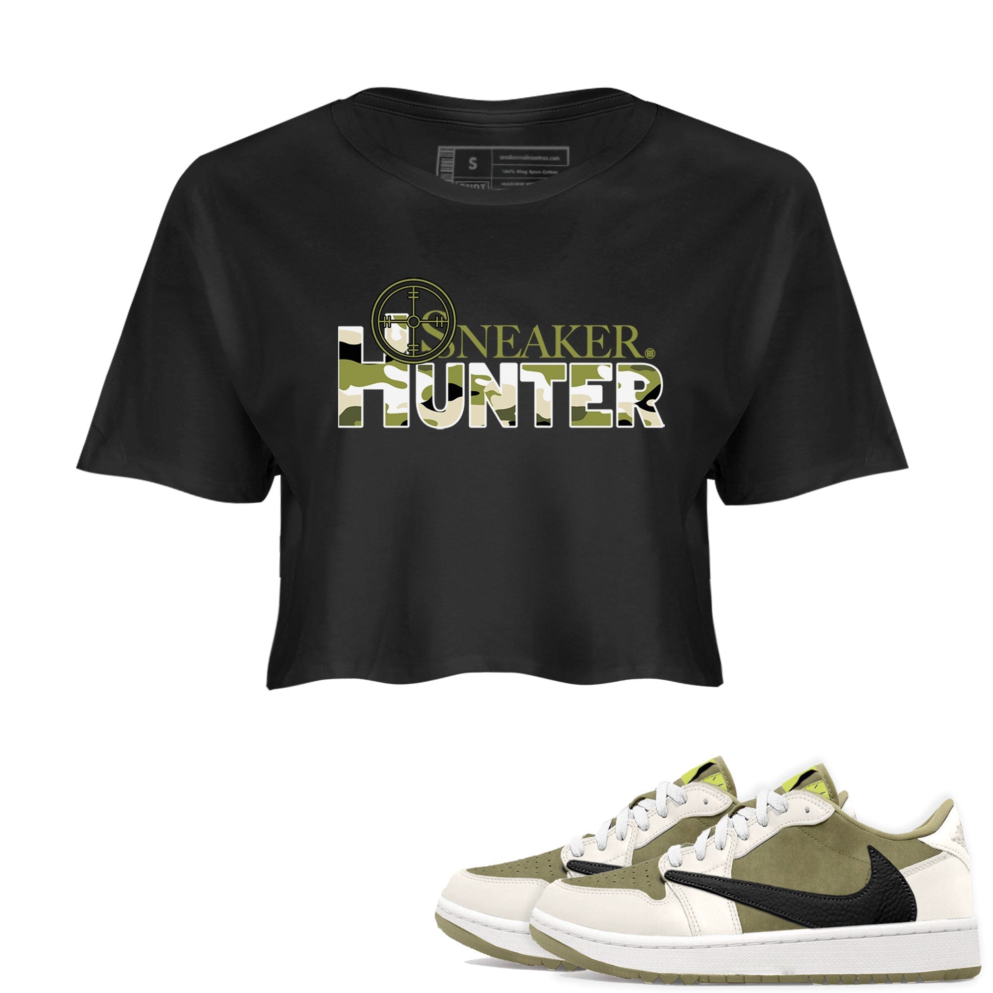 Air Jordan 1 X Travis Scott Golf Olive shirt to match jordans Sneaker Hunter Streetwear Sneaker Shirt Air Jordan 1 Travis Scott Golf Drip Gear Zone Sneaker Matching Clothing Black 1 Crop T-Shirt