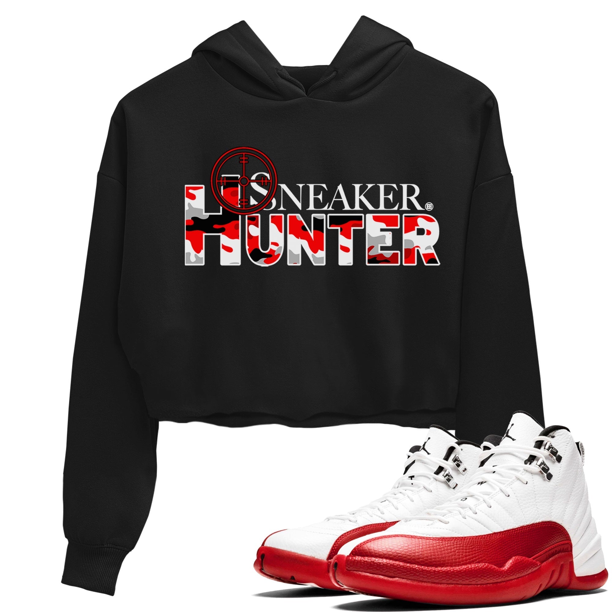 Air Jordan 12 Cherry shirt to match jordans Sneaker Hunter Streetwear Sneaker Shirt Air Jordan 12 Retro Cherry Drip Gear Zone Sneaker Matching Clothing Black 1 Crop T-Shirt